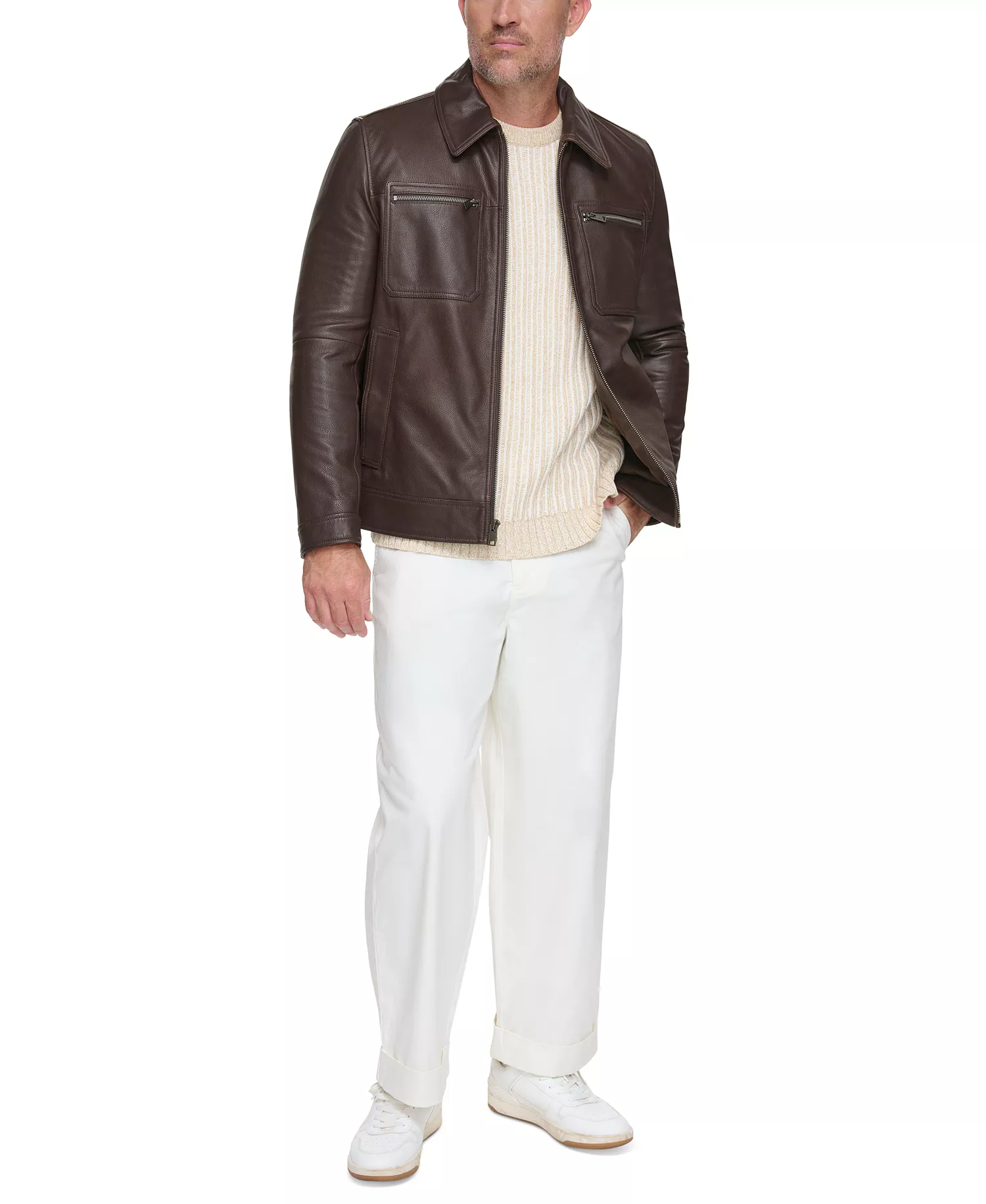 Men's Halen Pebbled Leather Trucker Jacket - Chocolate - M