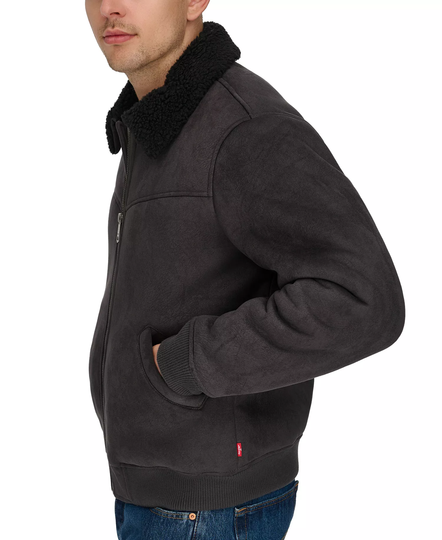 Men's Faux-Shearling Full-Zip Bomber Jacket - Black - M