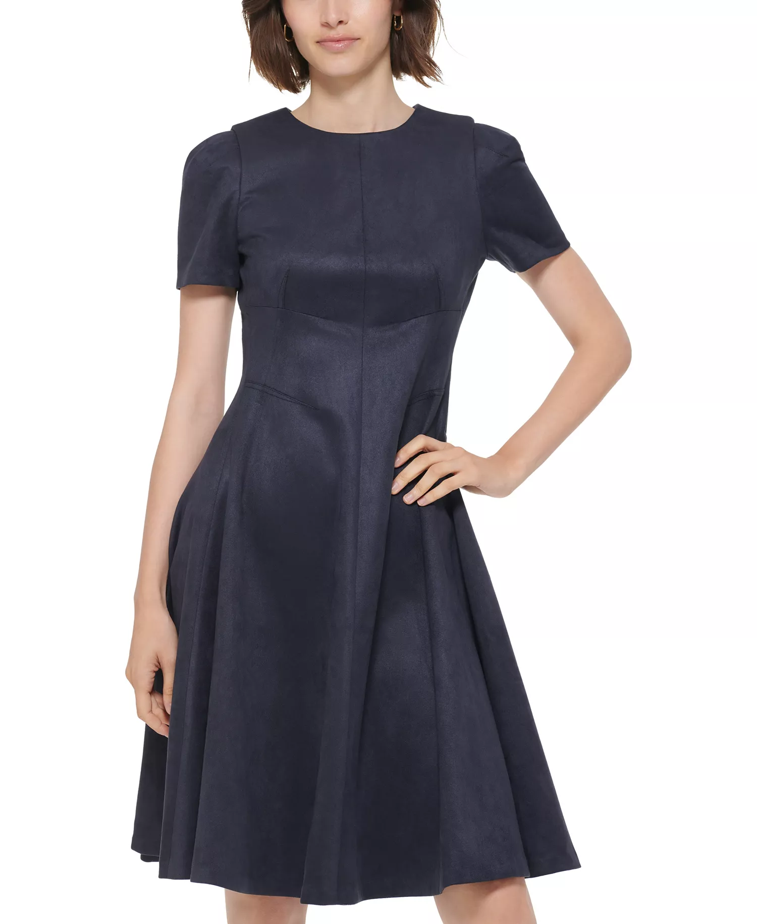 Petite Short-Sleeve Scuba Suede Dress - Navy - 0P