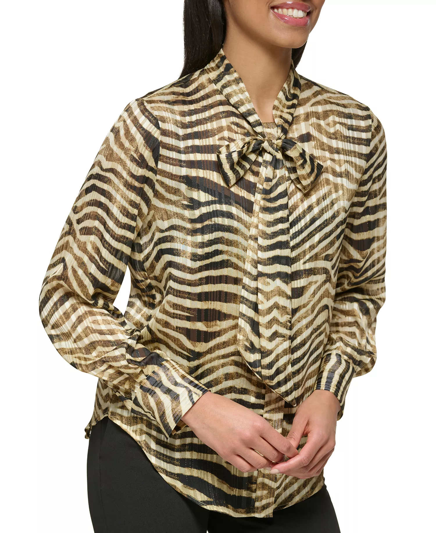 Petite Long-Sleeve Button Front Tie-Neck Top - Cashew Multi - P/M