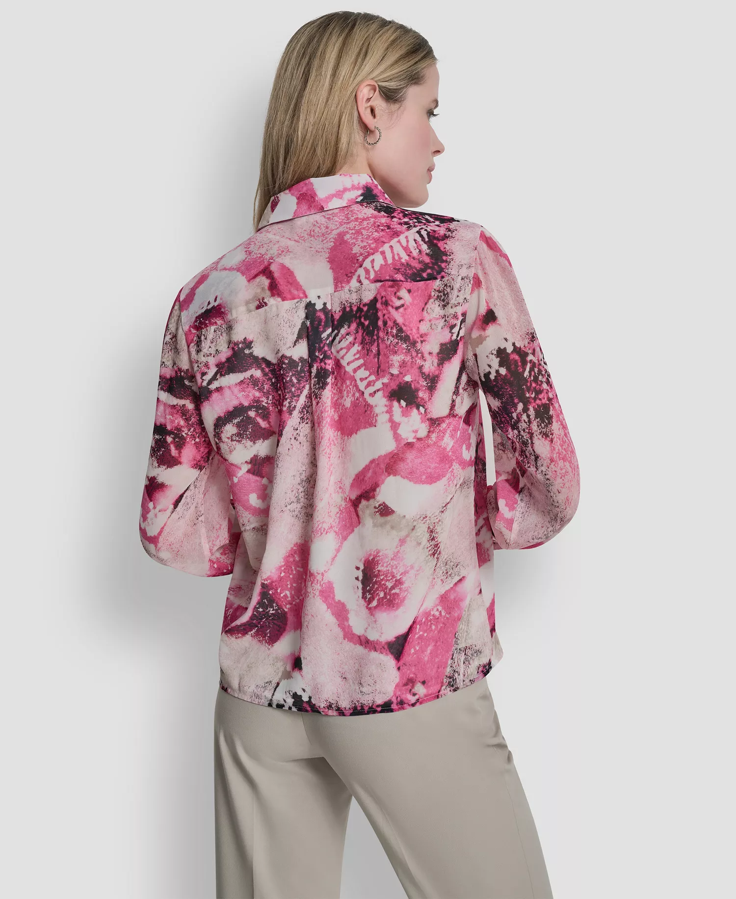 Women's Collared Long-Sleeve Ruffle Detail Shirt - Hot Pink/Pebble Multi - L