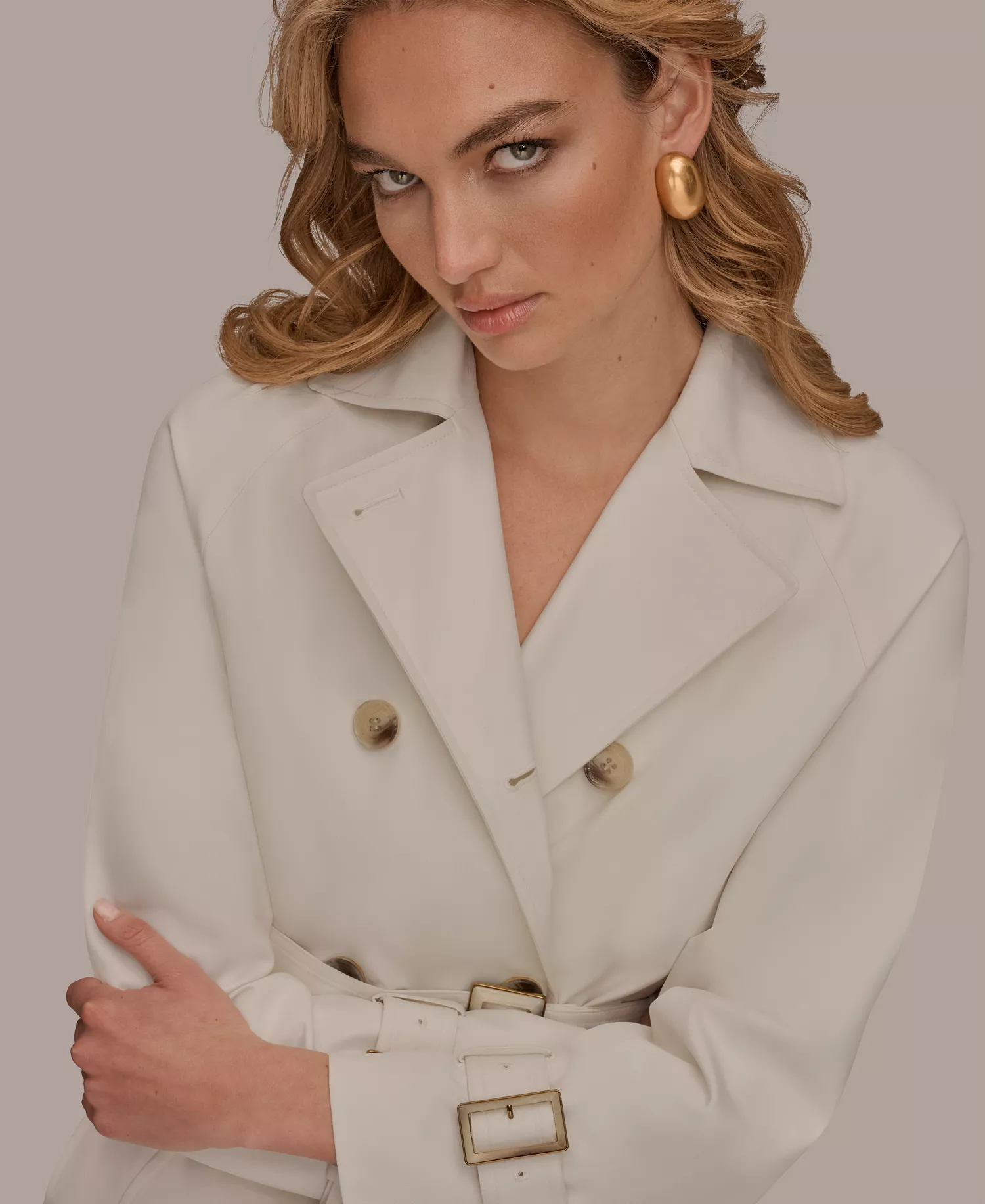 Women's Double Breasted Belted Notch Collar Trench Coat - Cream - L
