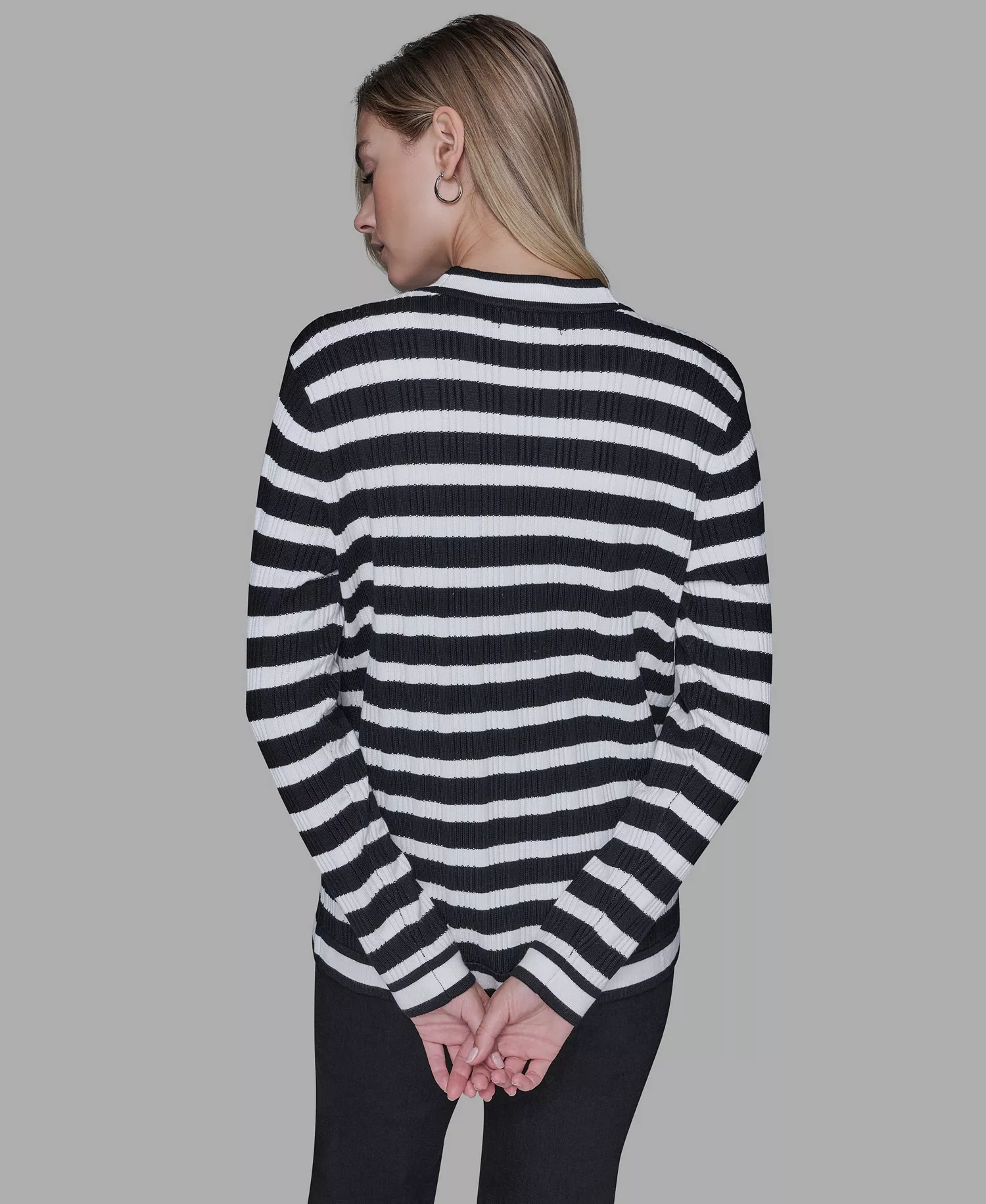 Petite Striped Long-Sleeve Cardigan Sweater - Black/Soft White - P/L