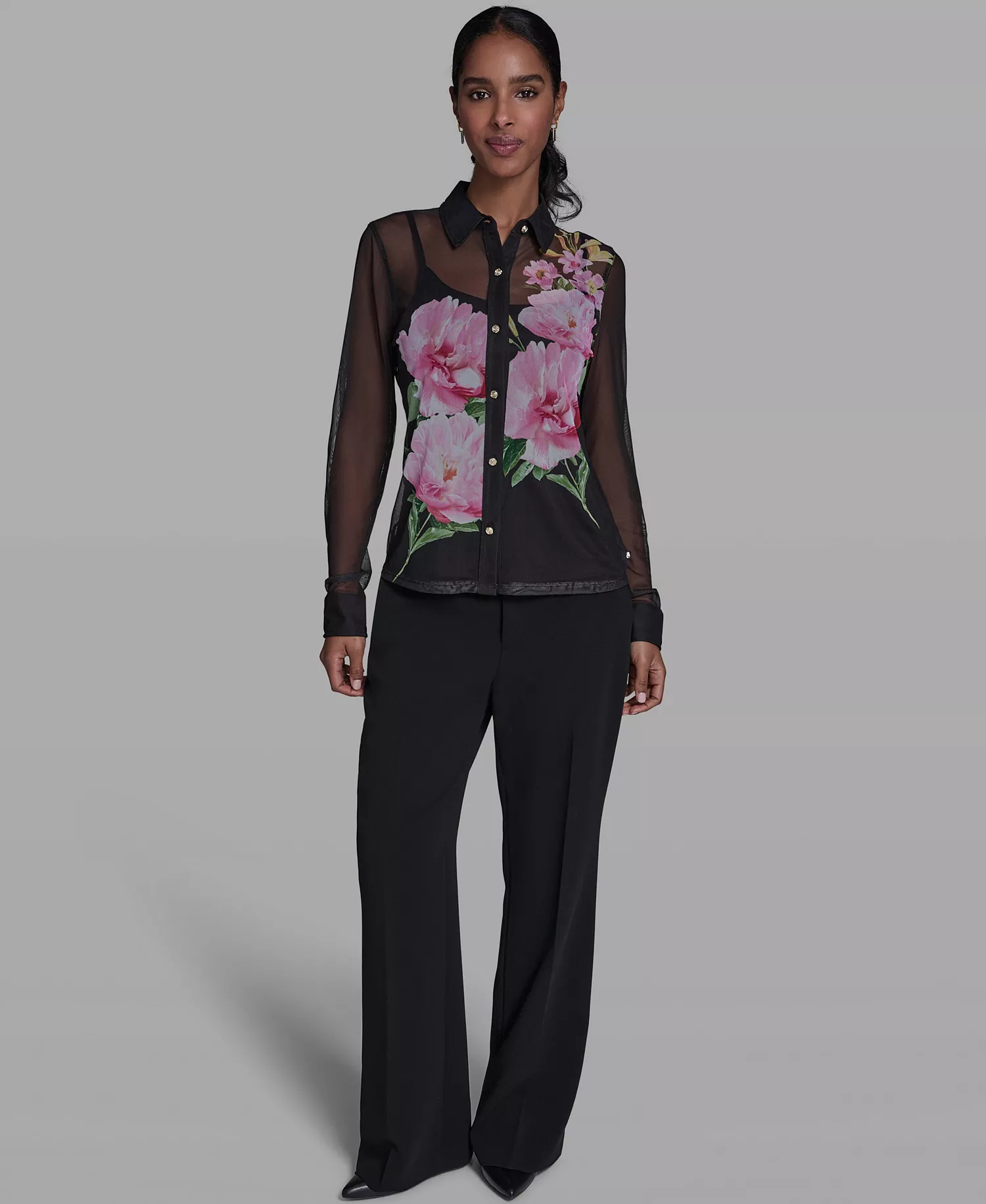 Women's Placed Floral Mesh Collared Shirt - Black - L