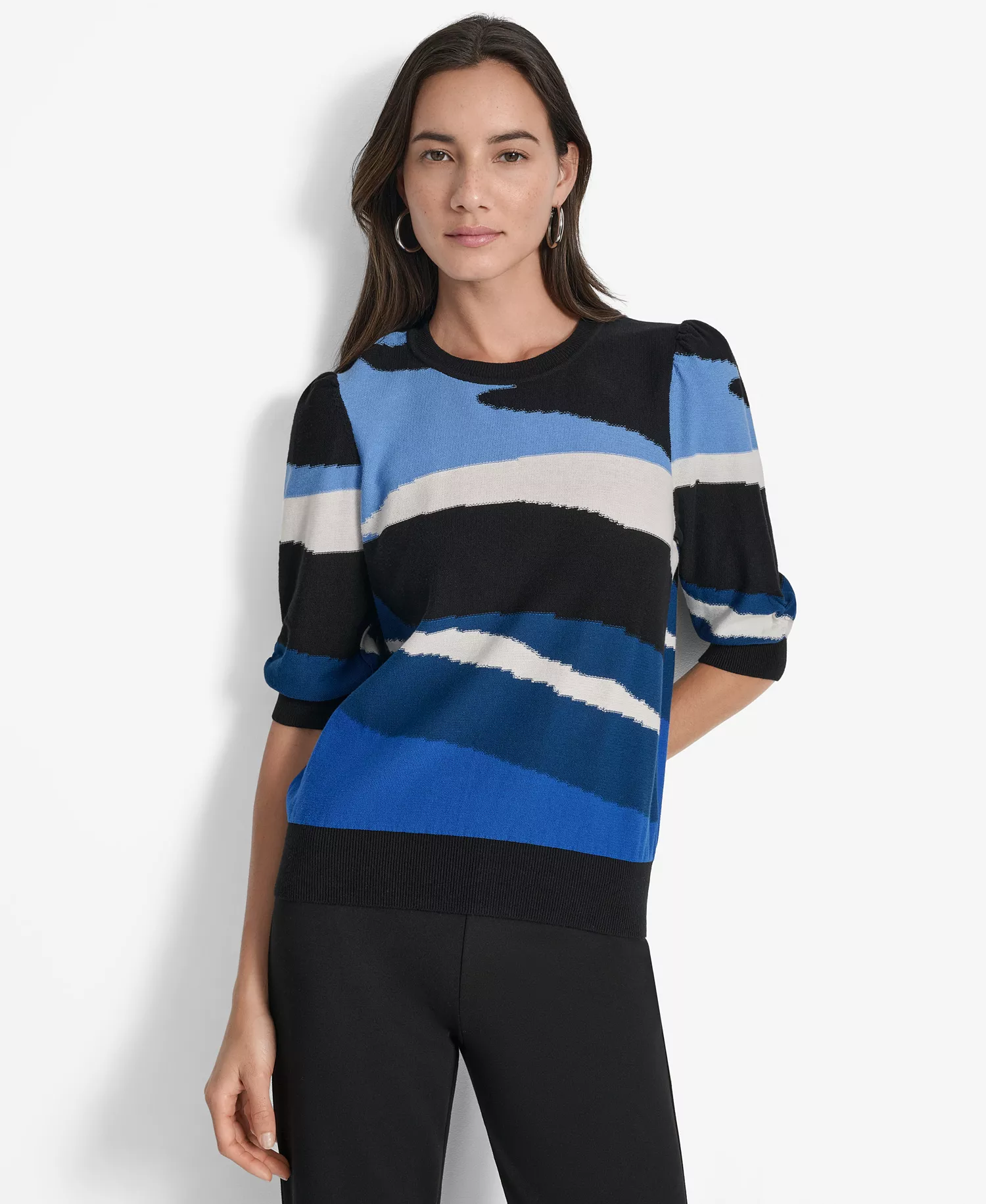 Women's Cotton Printed Elbow-Sleeve Sweater - Cadet Blue Multi - XS