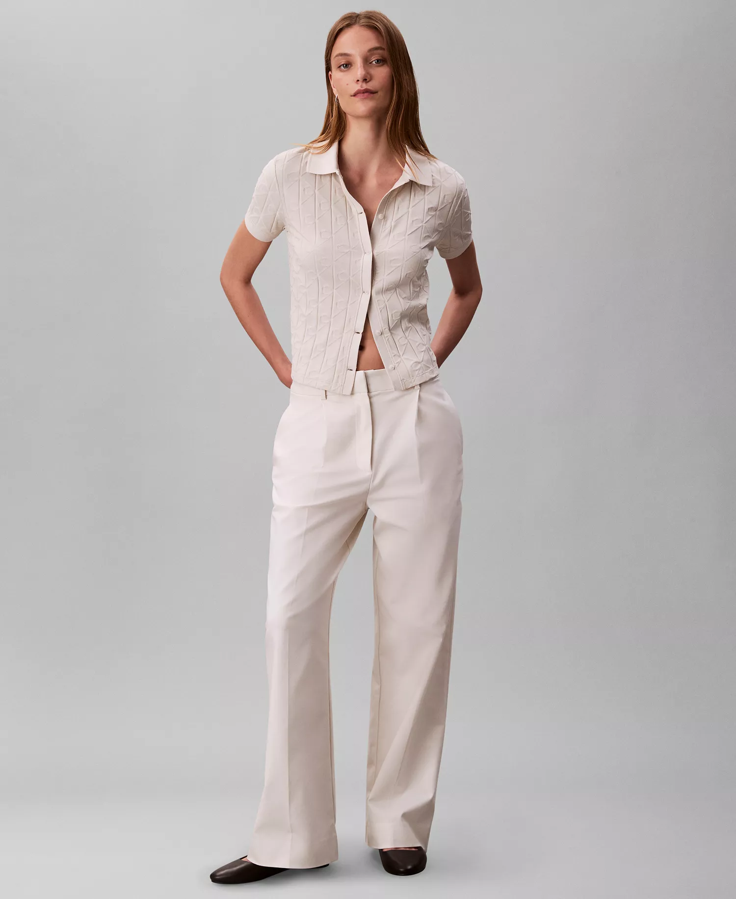 Women's Monogram Logo Jacquard Polo Top - Chalk - L