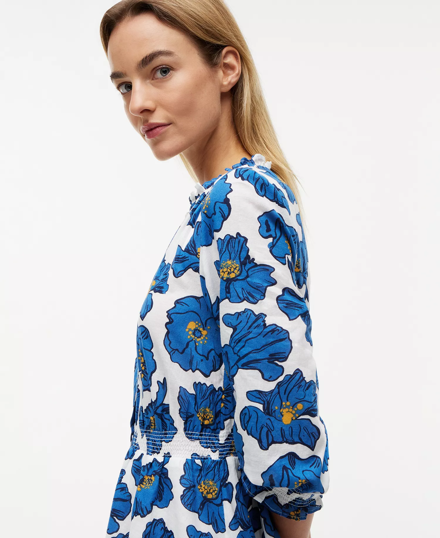 Women's Pin Tuck Cambric Shirt Dress - Pop Art Floral Ecru - L