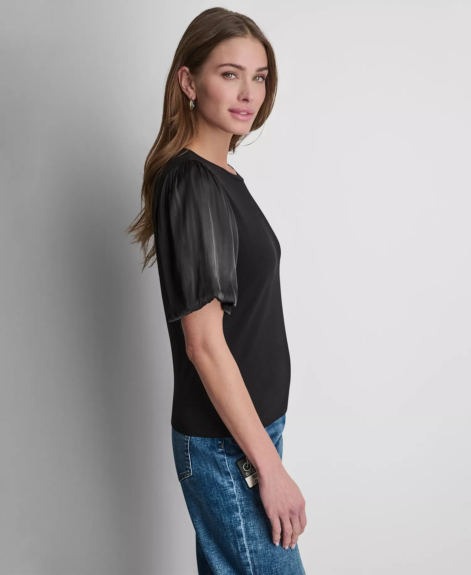 Women's Puffed Crew Neck Mix Media Knit Top - Black - L