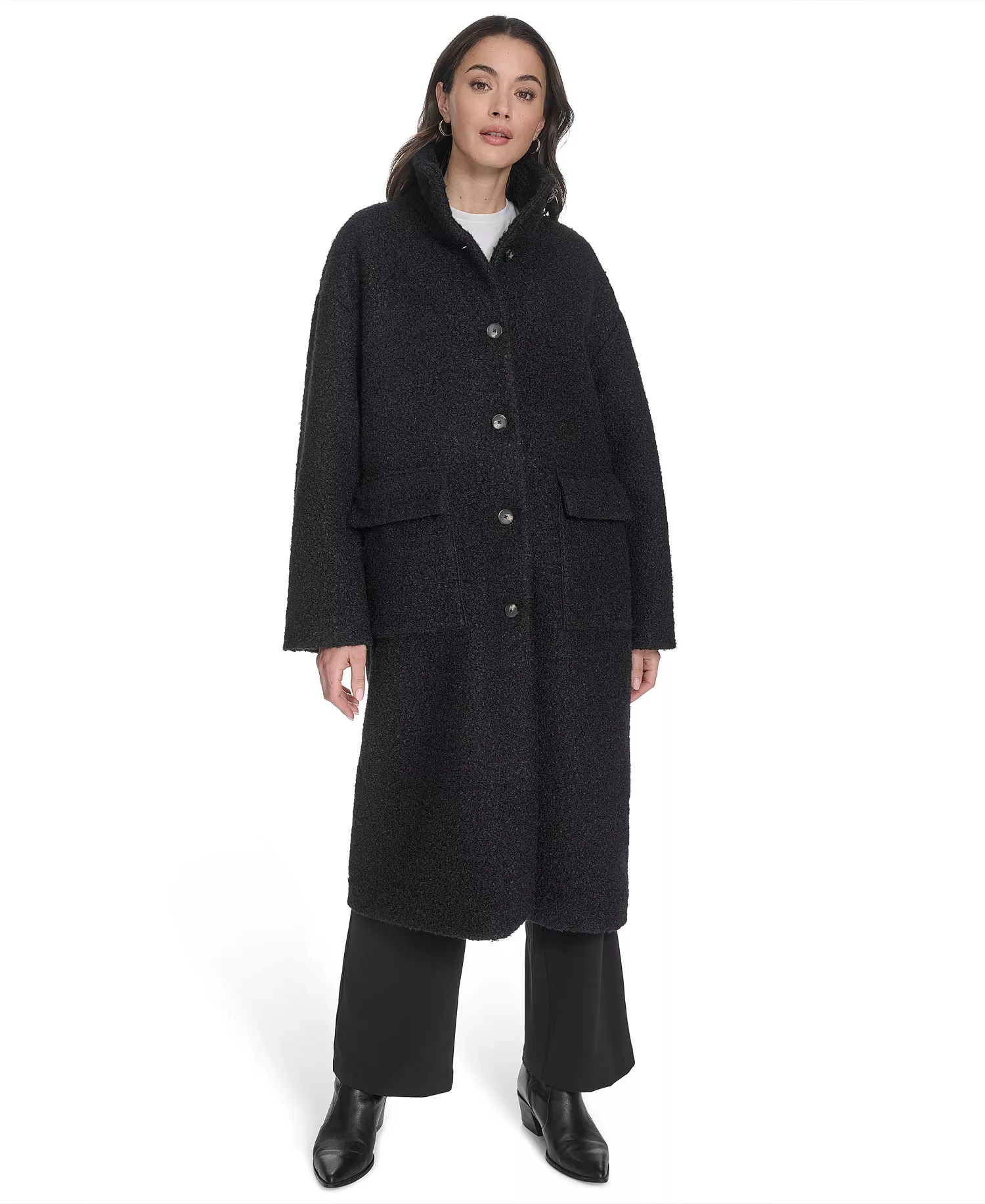 Women's Regular Boucle Stand Collar Car Coat - Black - L