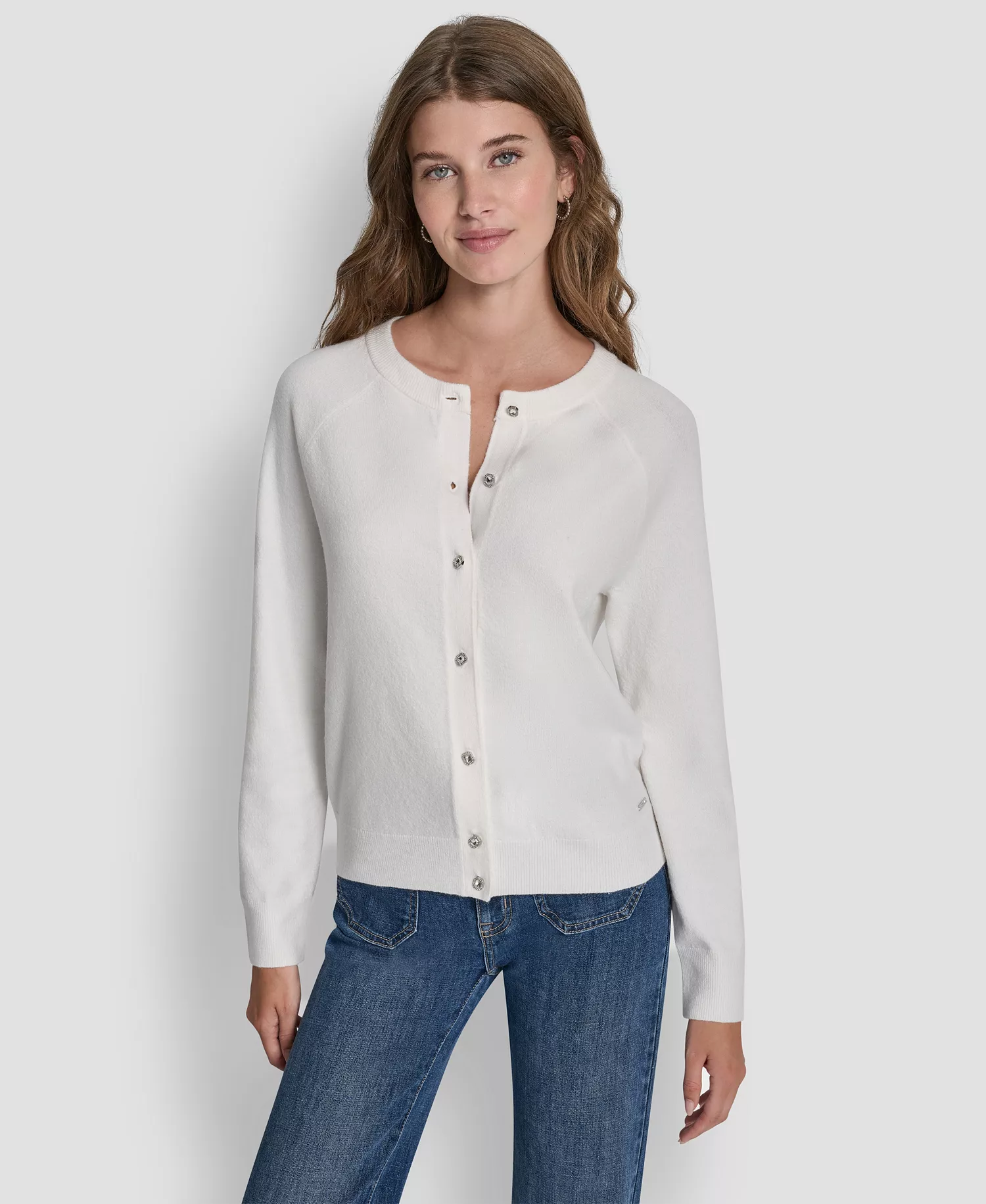 Women's Rhinestone Button-Front Crewneck Cardigan - Ivory - L