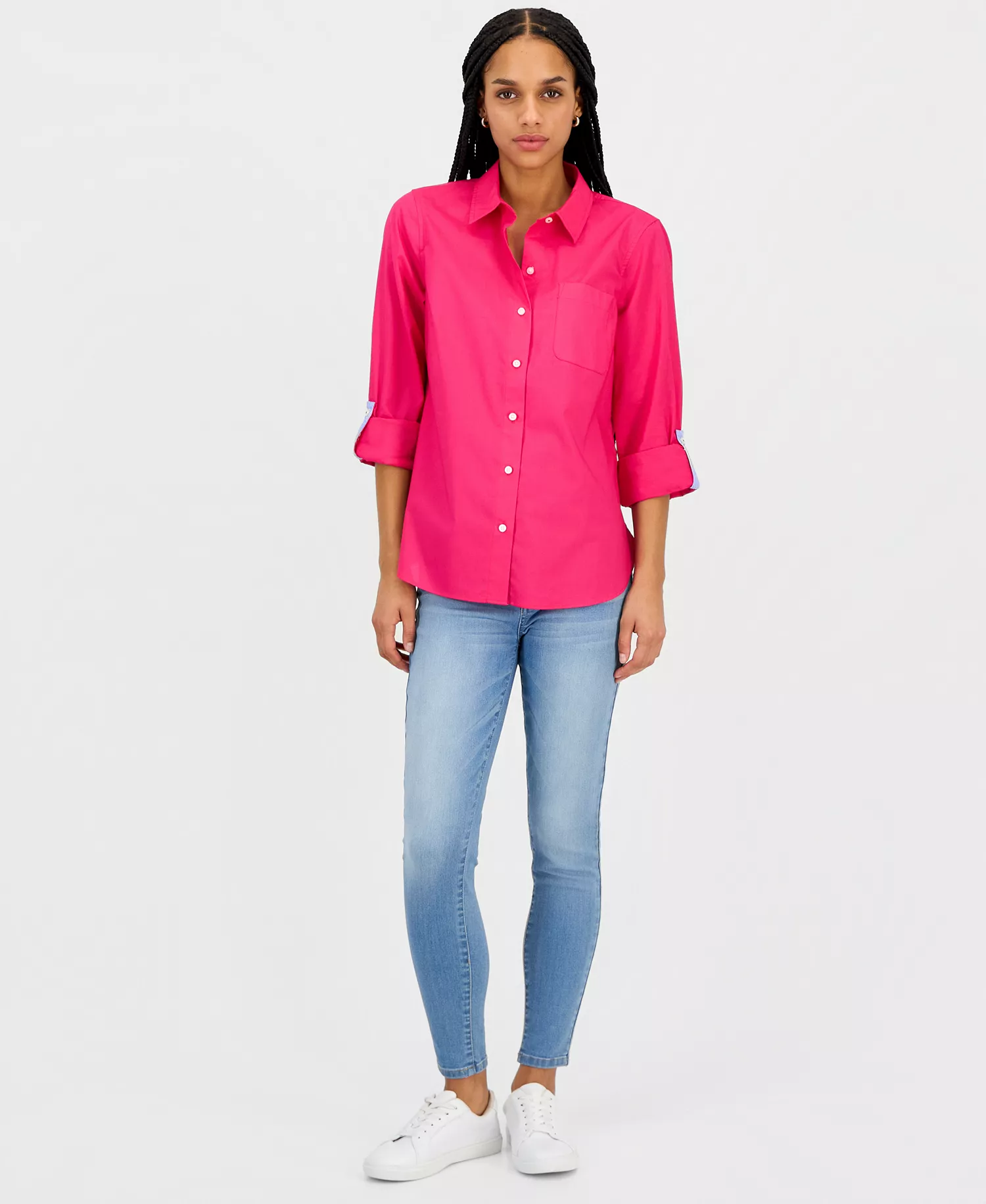 Women's Roll-Tab Button-Front Shirt - Aster Pink - L