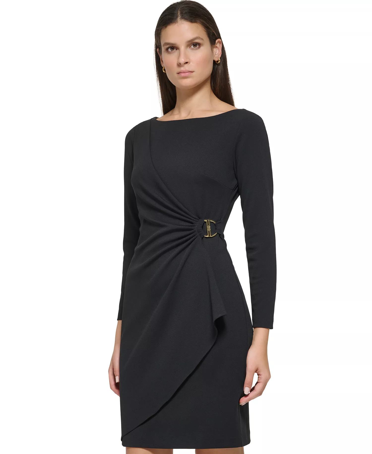 Women's Side-Ruched D-Buckle Boat-Neck Dress - Black - 10