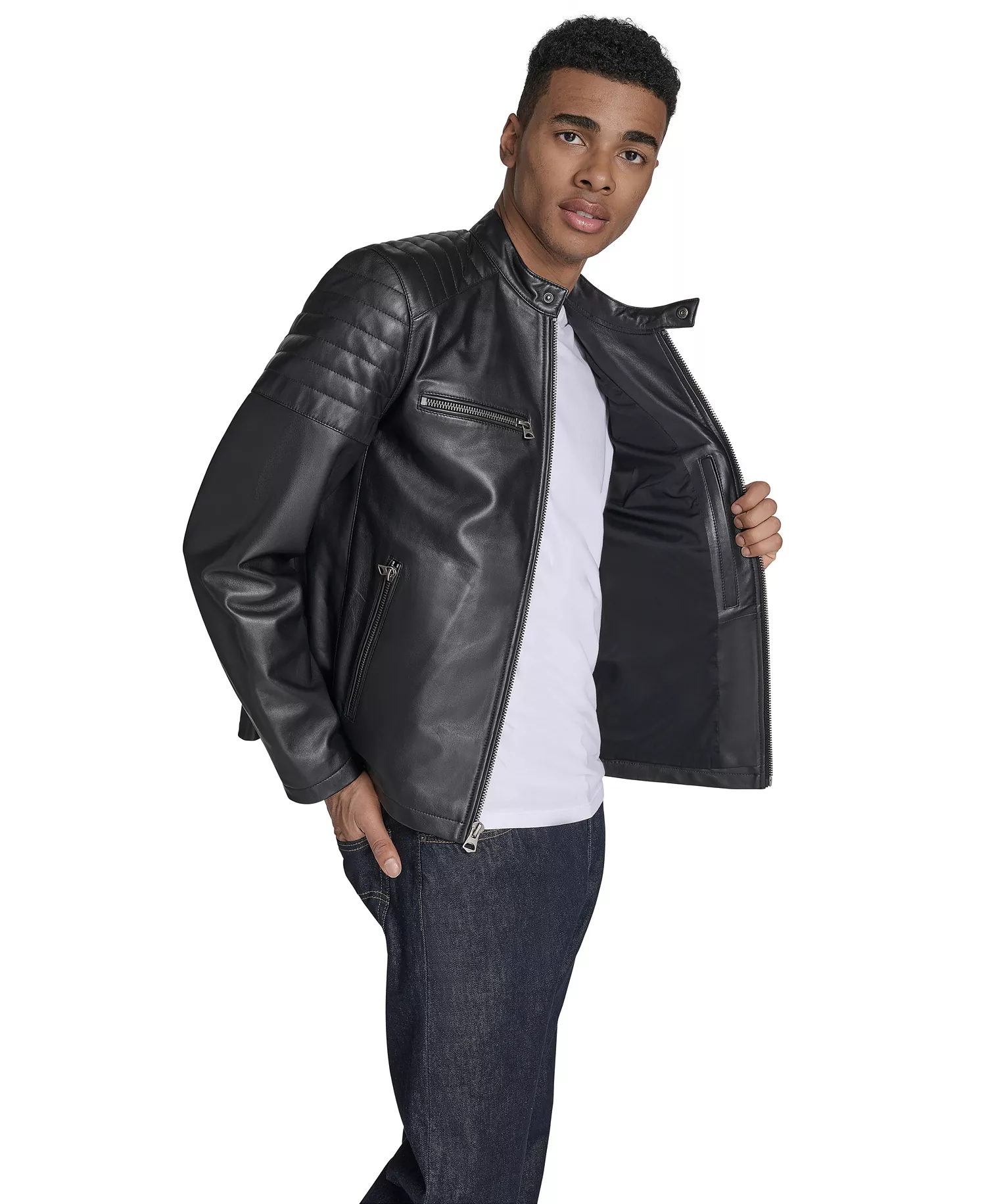 Men's Leather Racer Jacket - Black - 2XL