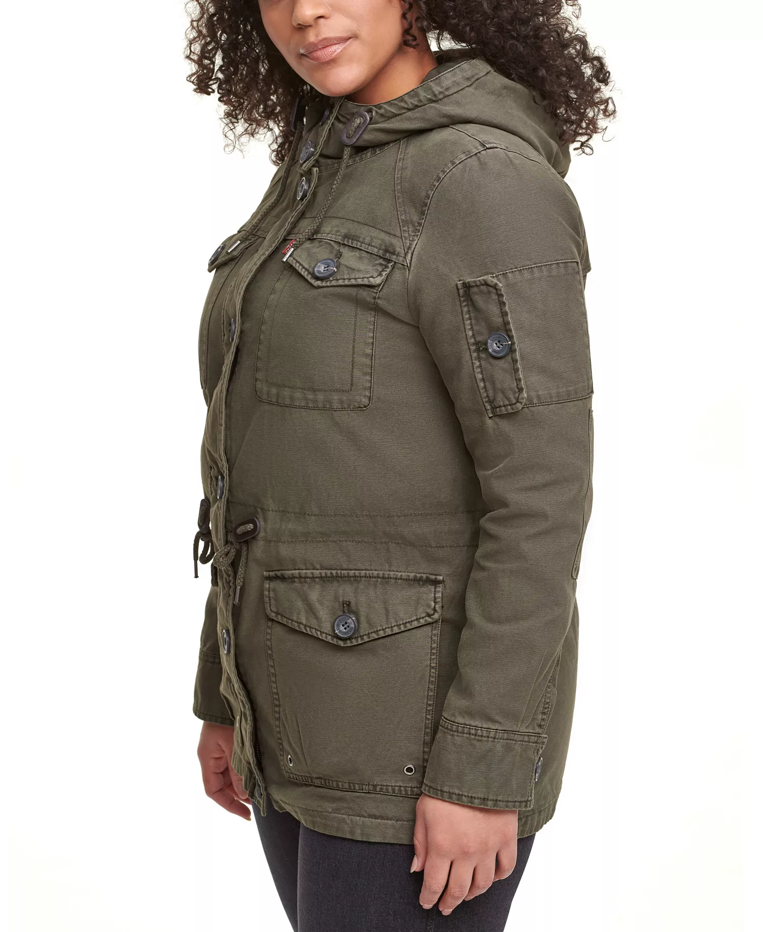 Trendy Plus Size  Cotton Hood Utility Jacket - Army Green - 1X