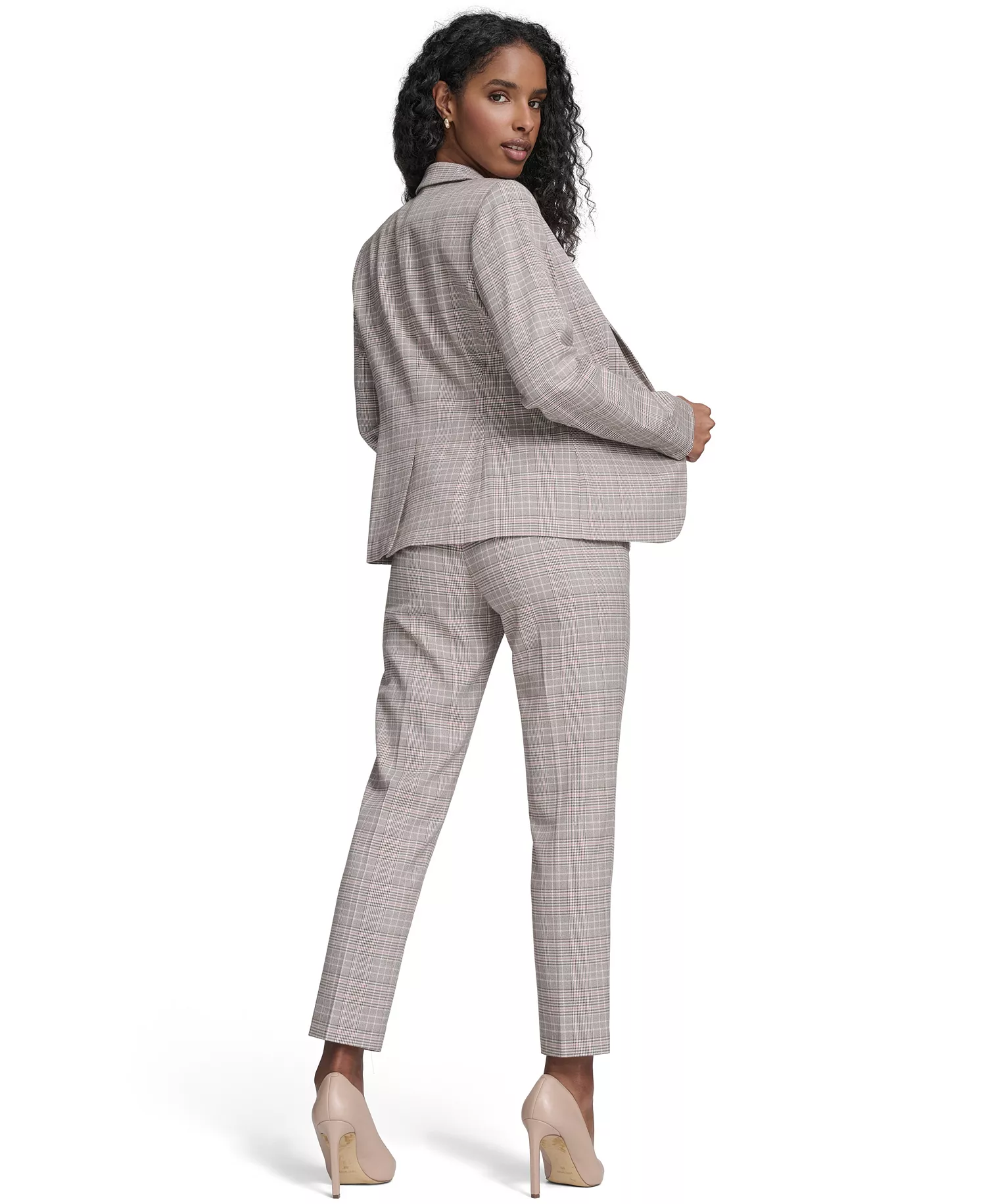Women's Plaid One Button Blazer Jacket, Floral Clip Draped Crew Neck Top, and Plaid Sloane Ankle Pants - Pale Pink Multi - 0