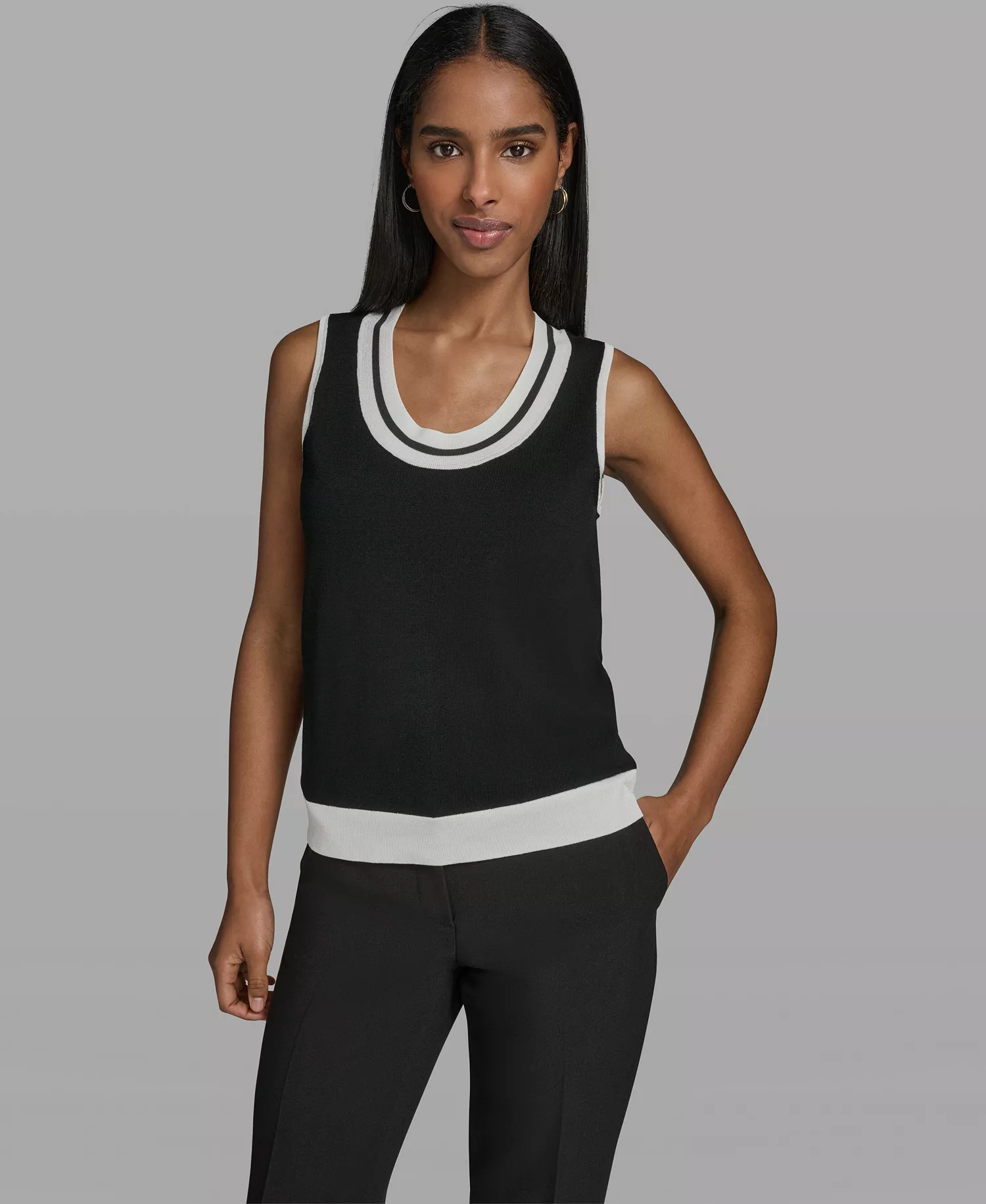 Women's Scoop-Neck Sleeveless Knit Top with Contrast Trim - Black/soft White - L