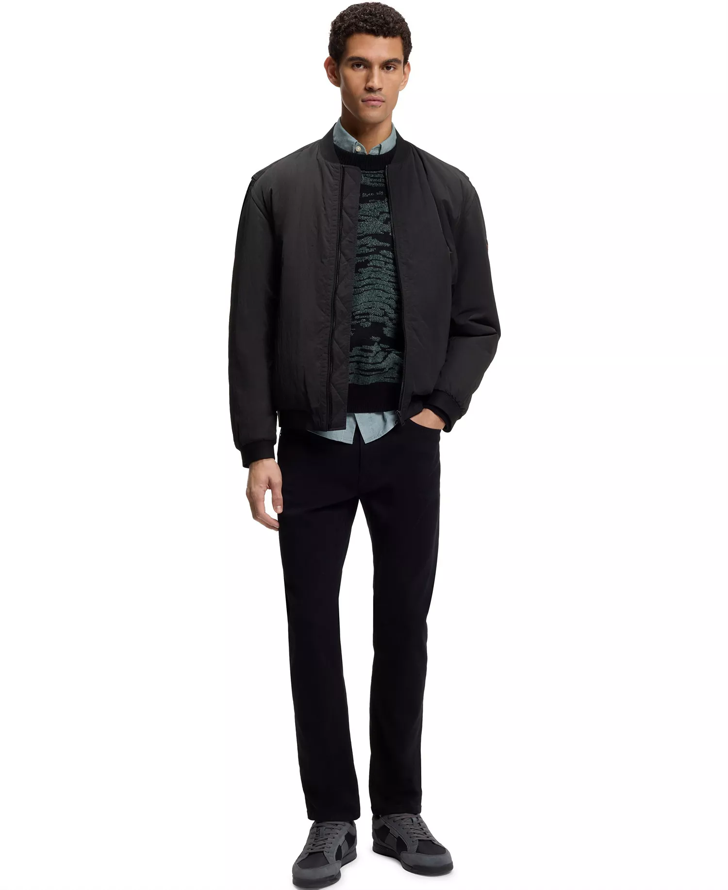 Men's Water-Repellent Soft-Touch Fabric Bomber Jacket - Black - 34R