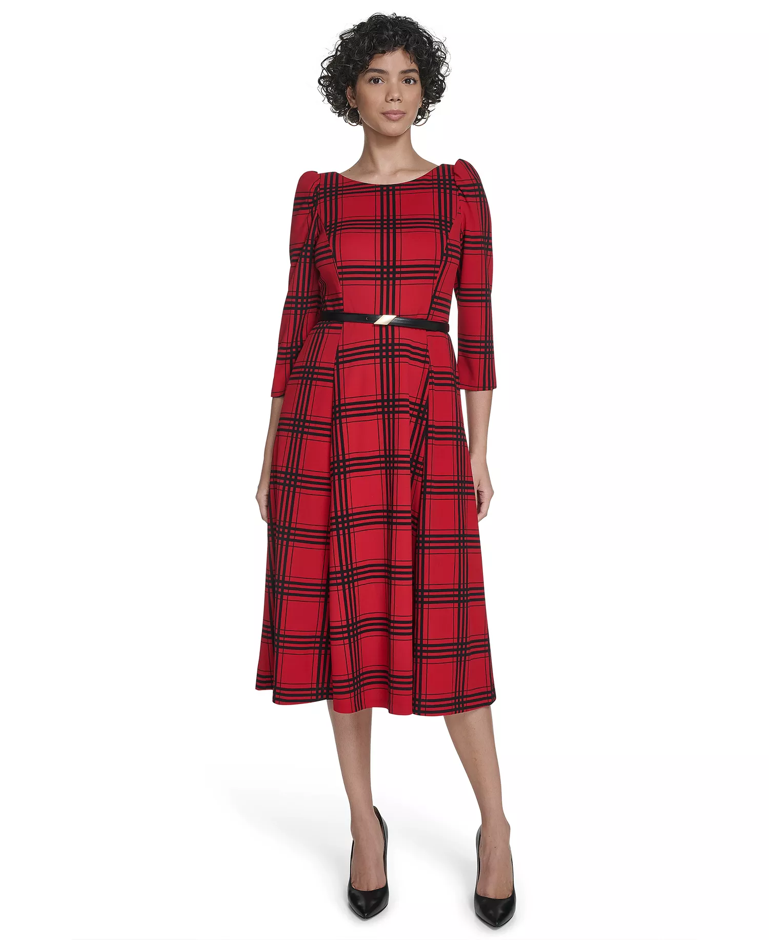 Women's 3/4-Sleeve Plaid Midi Dress - Medium Red - 10
