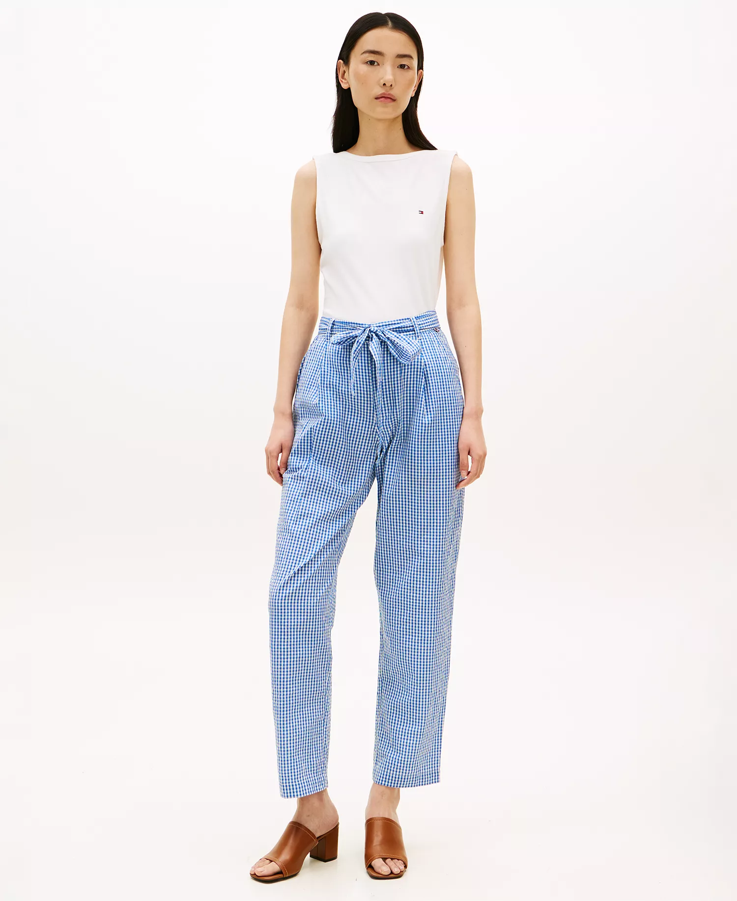 Women's Gingham Belted Tapered Pants - Blue Orbit - L