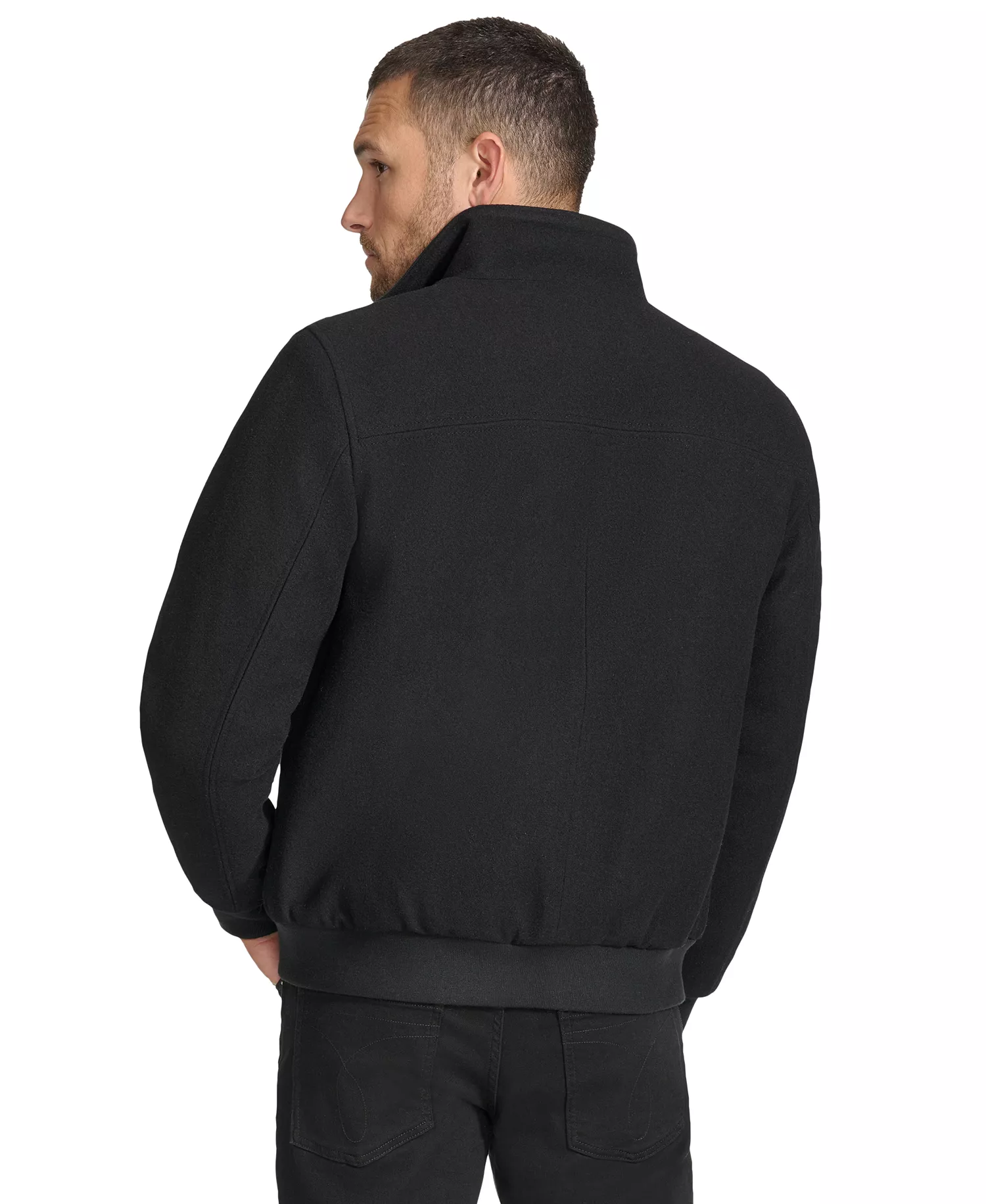 Men's Wool Bomber Jacket With Knit Trim - Black - 2XL