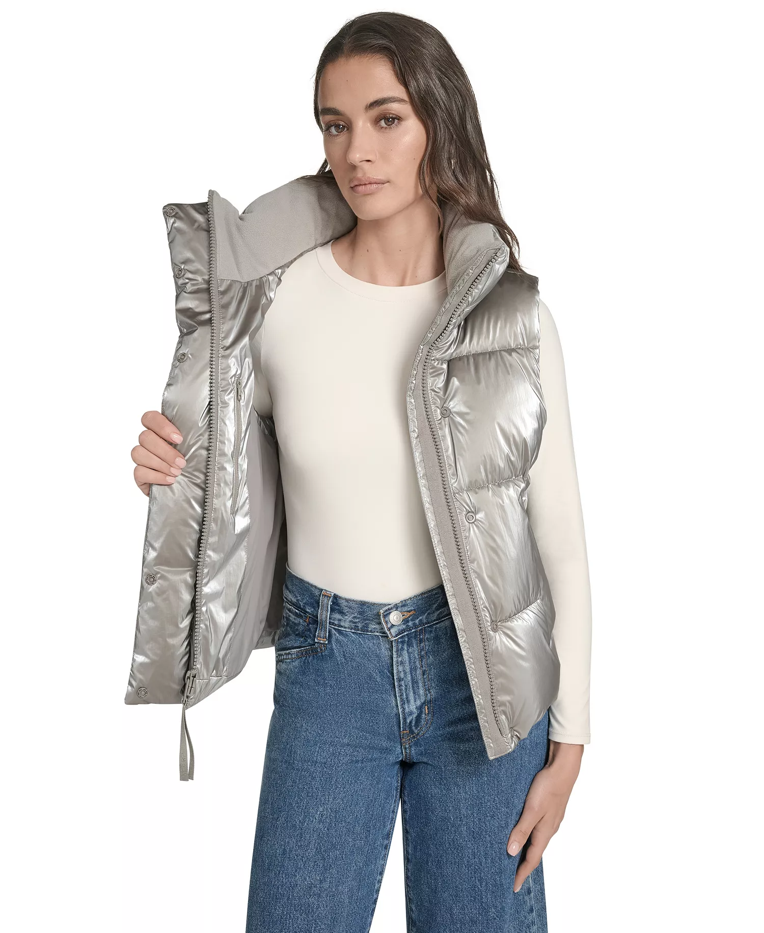 Women's Regular Stand Collar Puffer Vest Jacket - Silver - L
