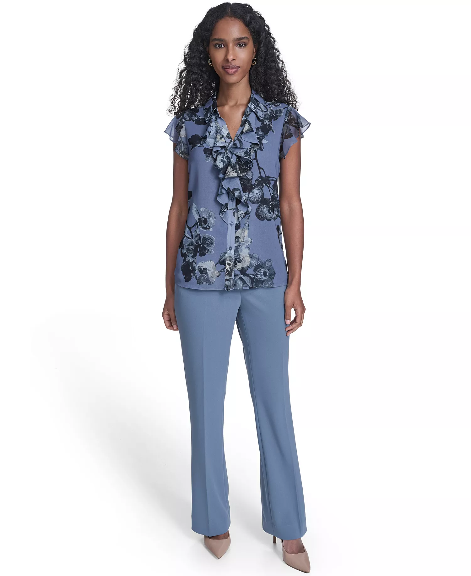 Women's Printed Ruffle Front Top - Flint/black Multi - L