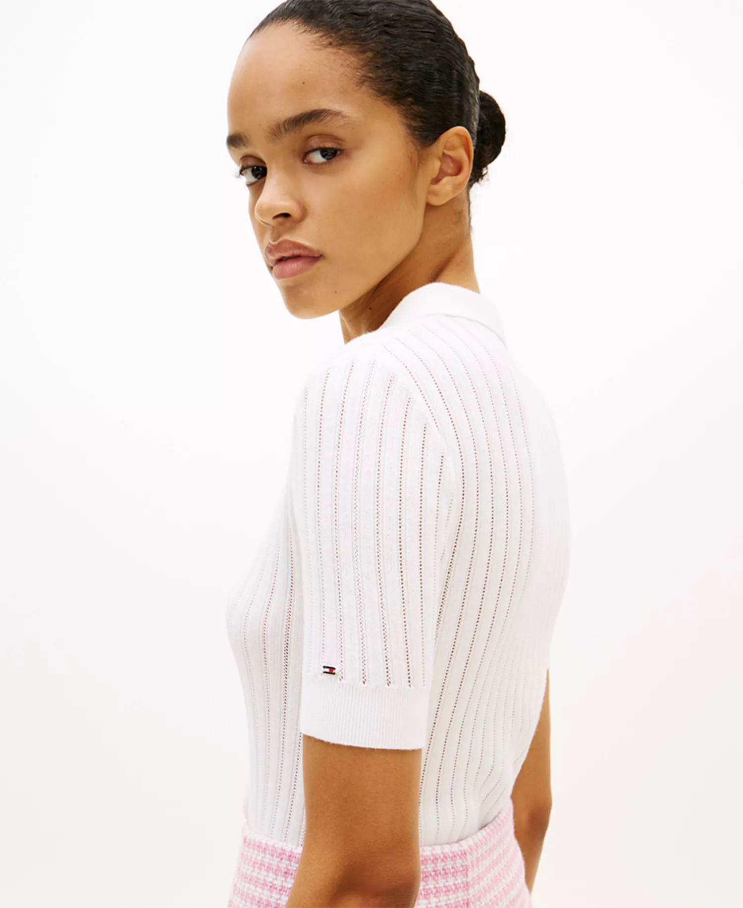 Women's Pointelle Rib Short-Sleeve Polo Sweater - Ecru - L