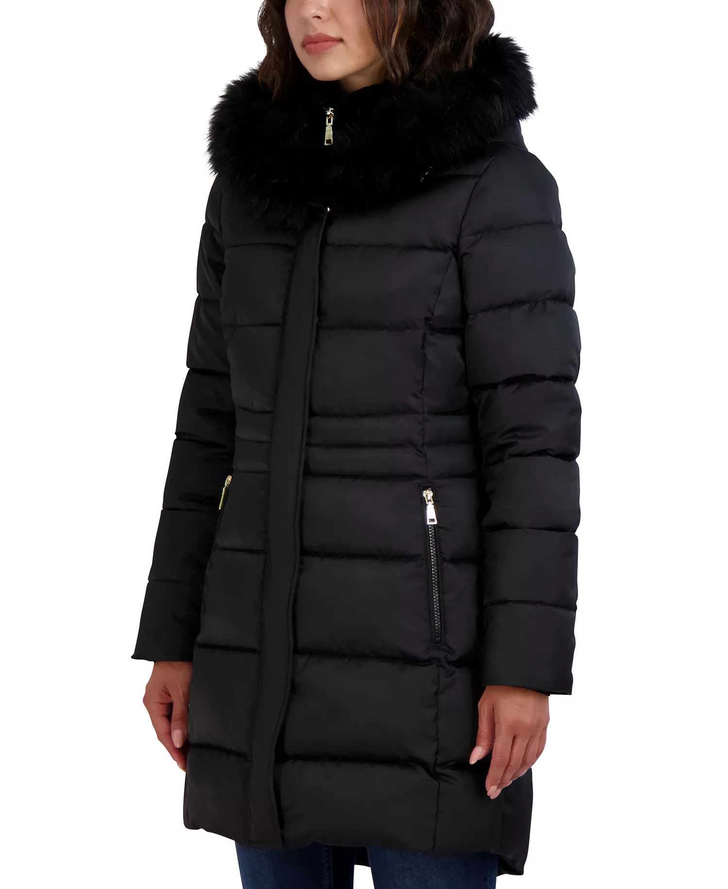 Womens Velvet Bibbed Faux-Fur Hooded Puffer Coat - Black - S