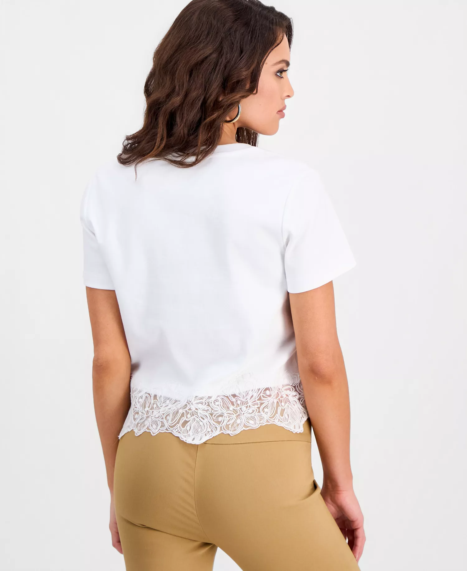 Petite Lace-Hem V-Neck Tee, Created for Macy's - Bright White - P/L