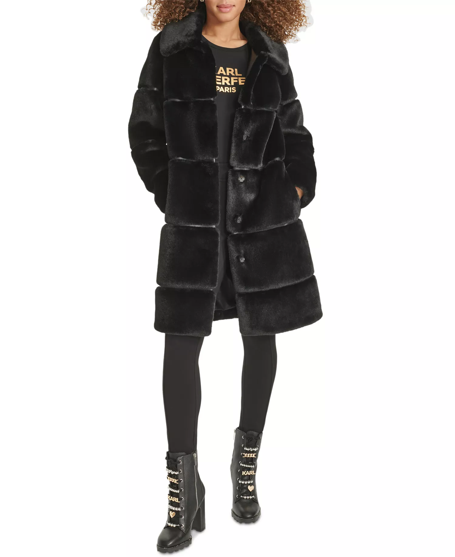 Women's Faux-Leather Trim Faux-Fur Coat - Black - L