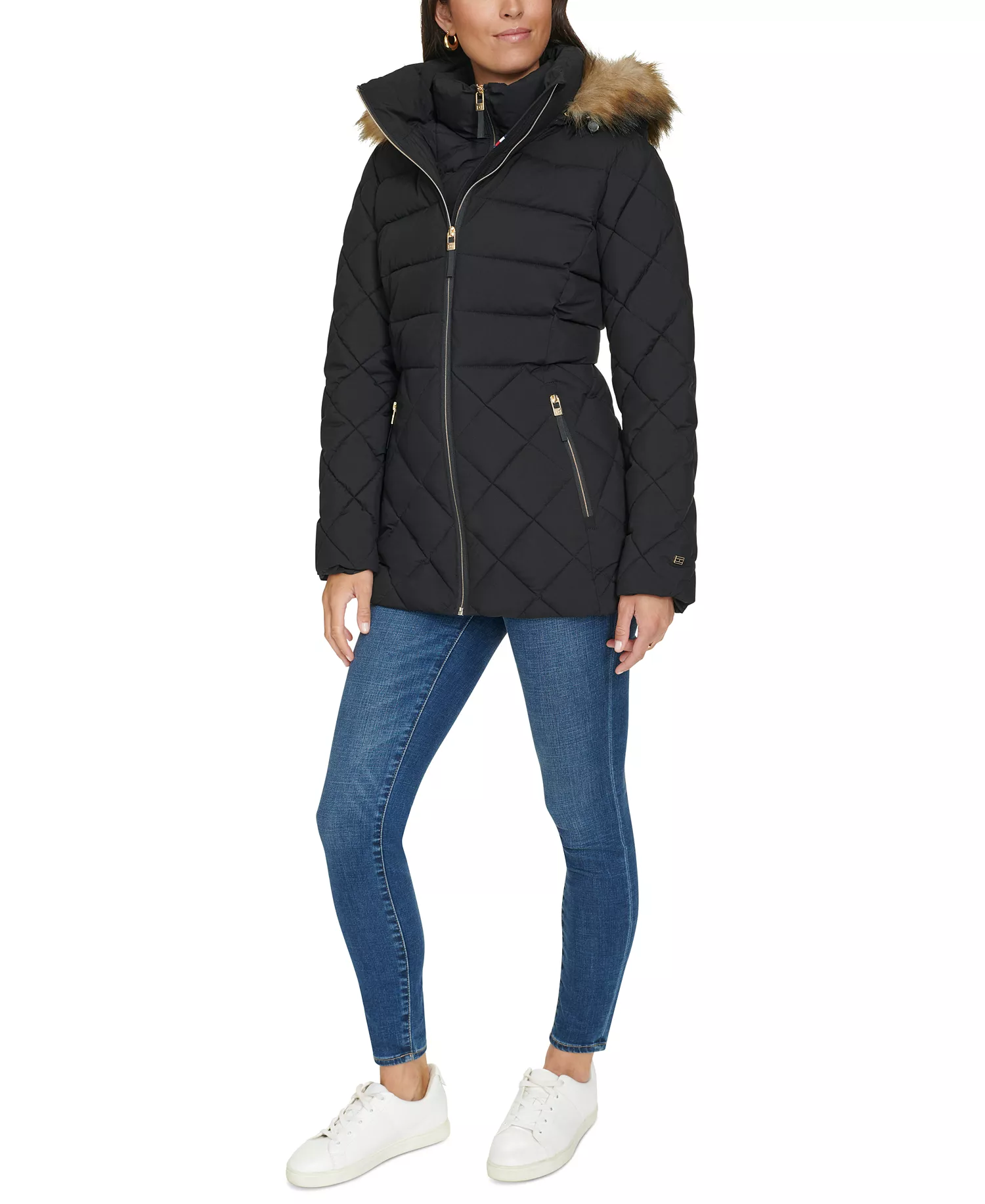 Women's Bibbed Faux-Fur-Trim Hooded Puffer Coat, Created for Macy's - Black - L