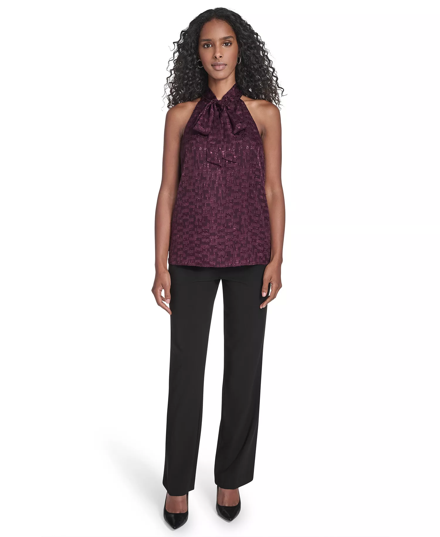 Women's Novelty Sleeveless Tie Neck Top - Aubergine - L