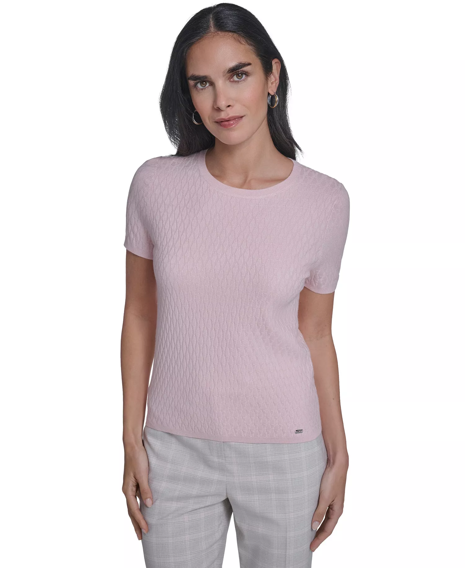 Petite Textured Short-Sleeve Sweater - Latte/Petal Pink - P/L