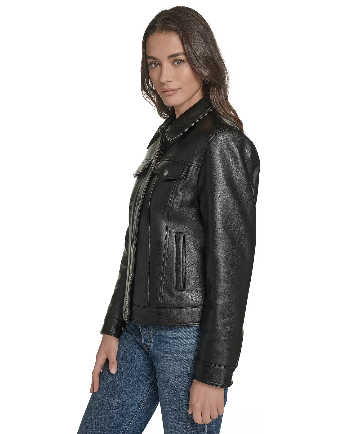 Women's Regular Faux Leather Trucker Jacket - Black - L