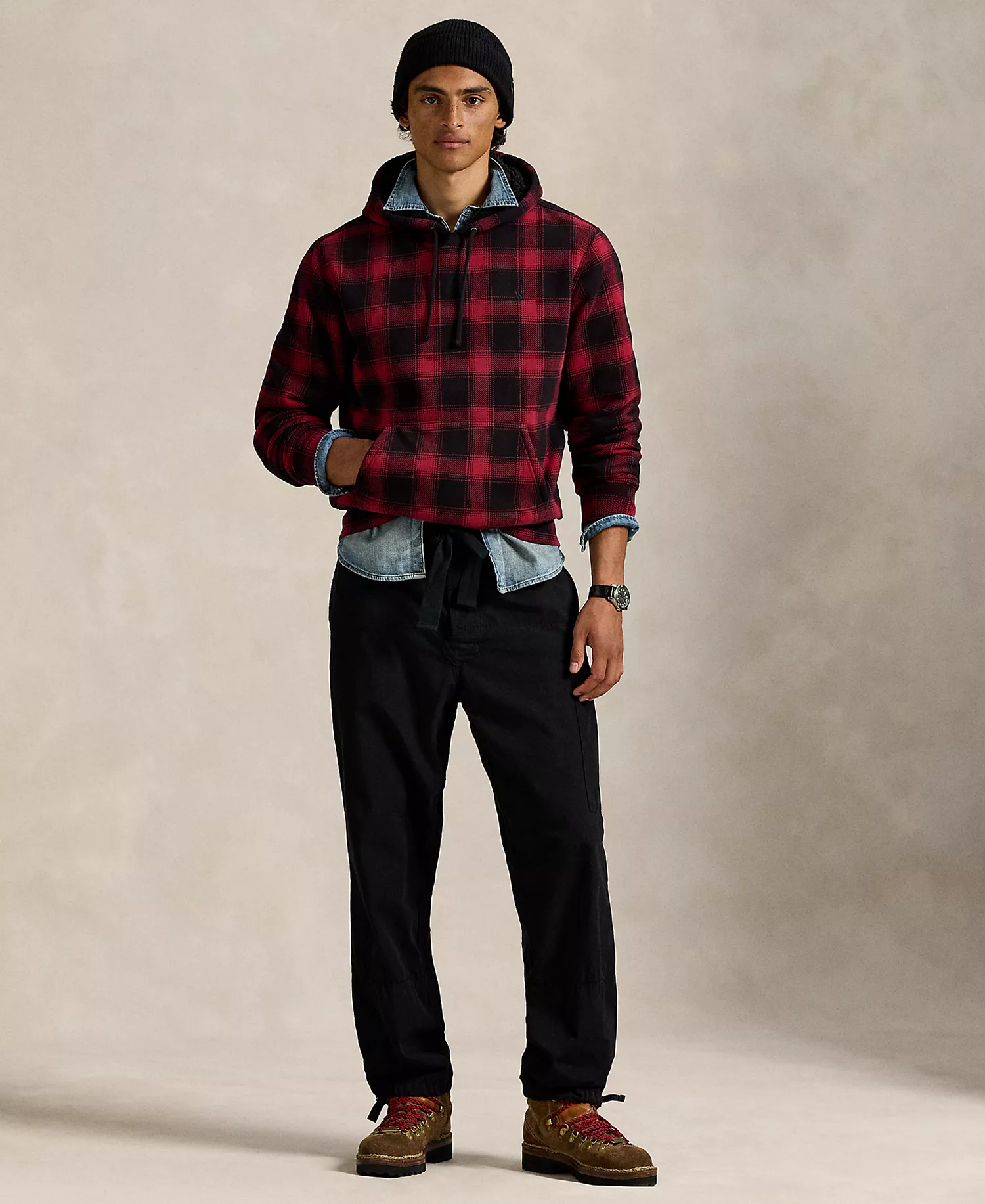 Men's Plaid Long-Sleeve Hoodie - Lodge Plaid Holiday Bear - 2XL