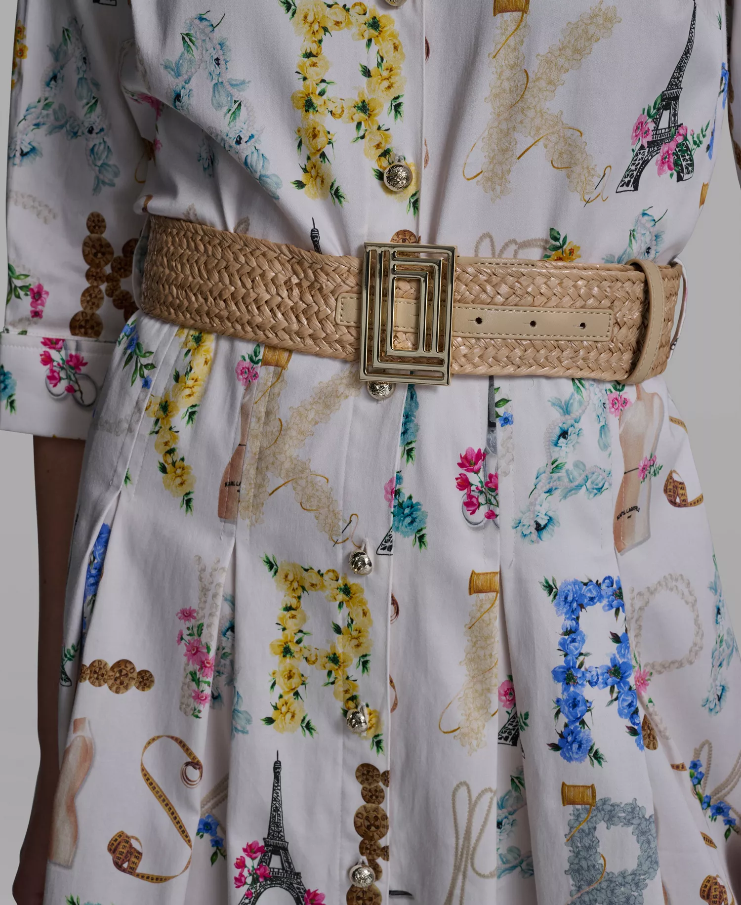 Women's Allover Print Belted Collared Shirt Dress - Bisque/Panna Cotta Multi - 0