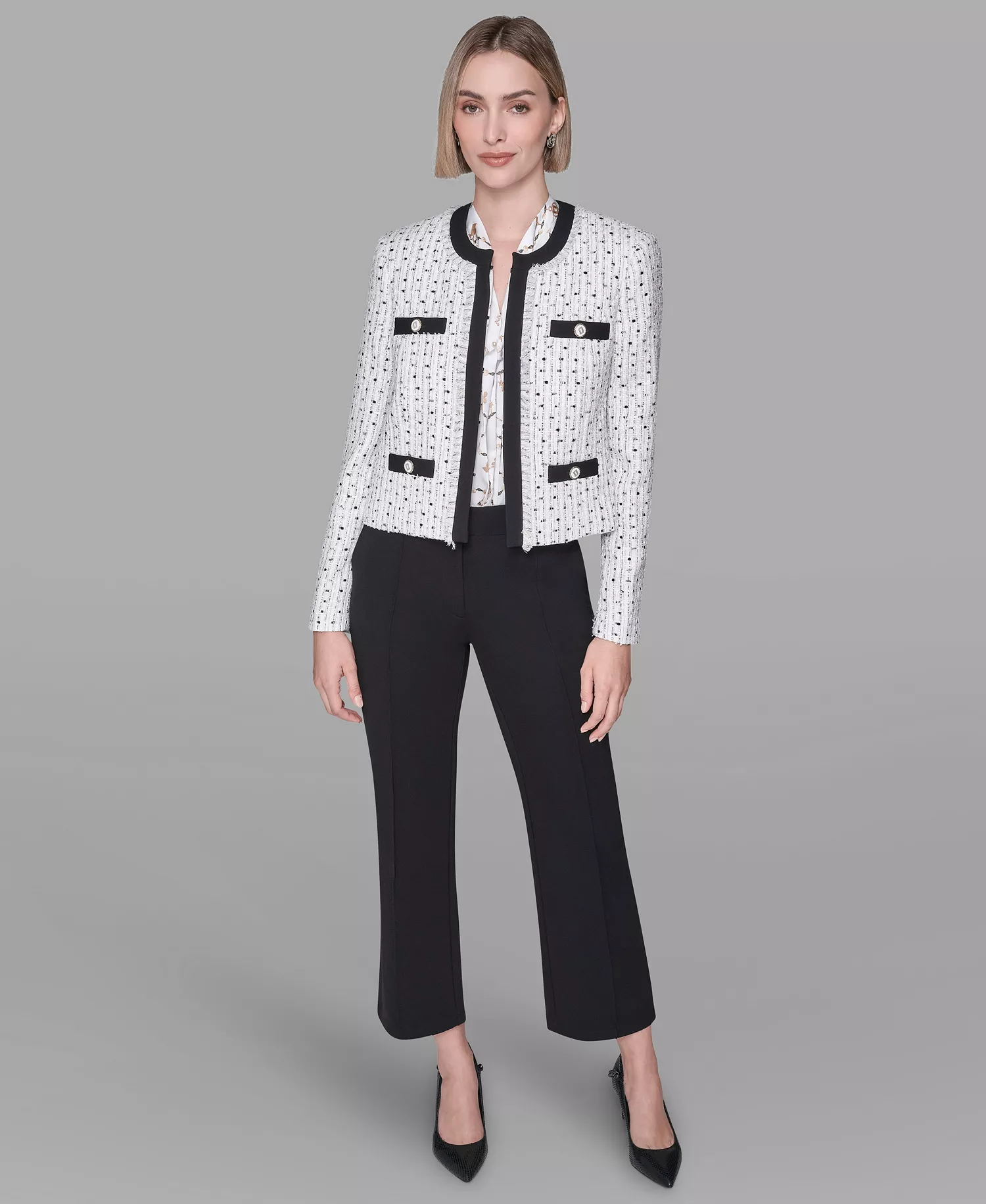 Women's Round Neck Hook & Eye Front Jacket - Natural Multi - 0