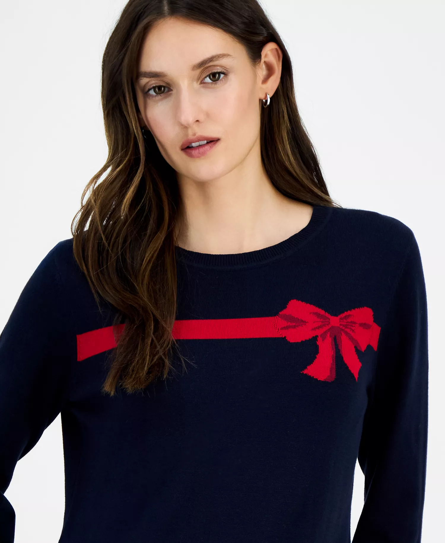 Nautica Women's Cotton Jacquard-Bow Sweater  - Night Sky Multi - L