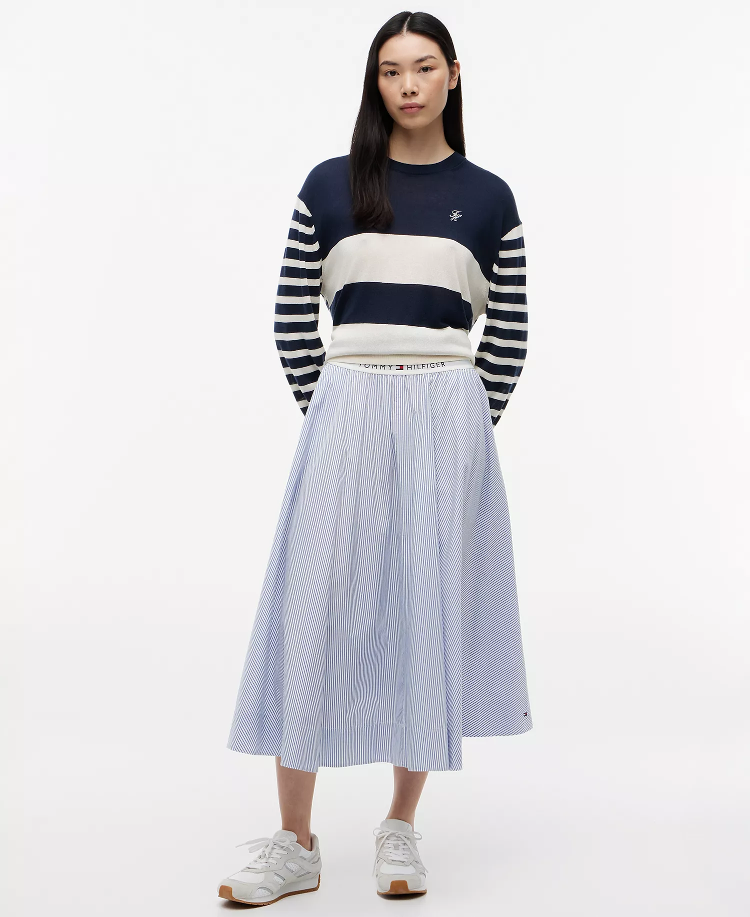 Women's Monogram Script Striped Sweater - Blue - L