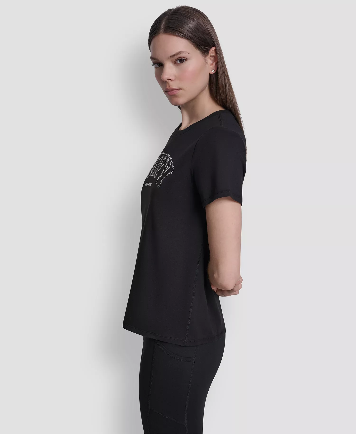 Women's Rhinestone Varsity Logo Relaxed Fit Pull-On T-Shirt - Black - L