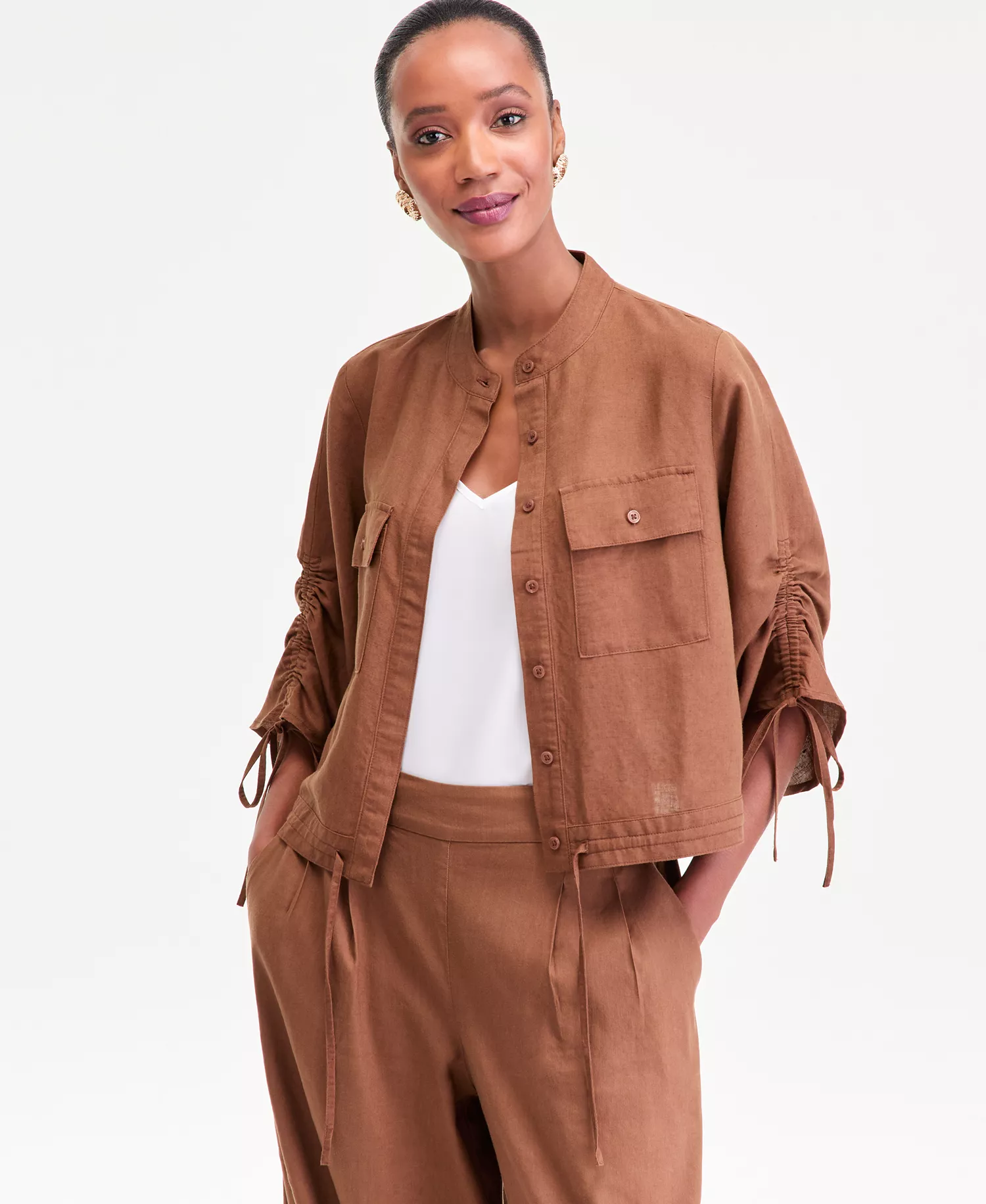 Women's 3/4 Sleeve Button Front Chambray Blouse, Macy's Exclusive - Bison - L