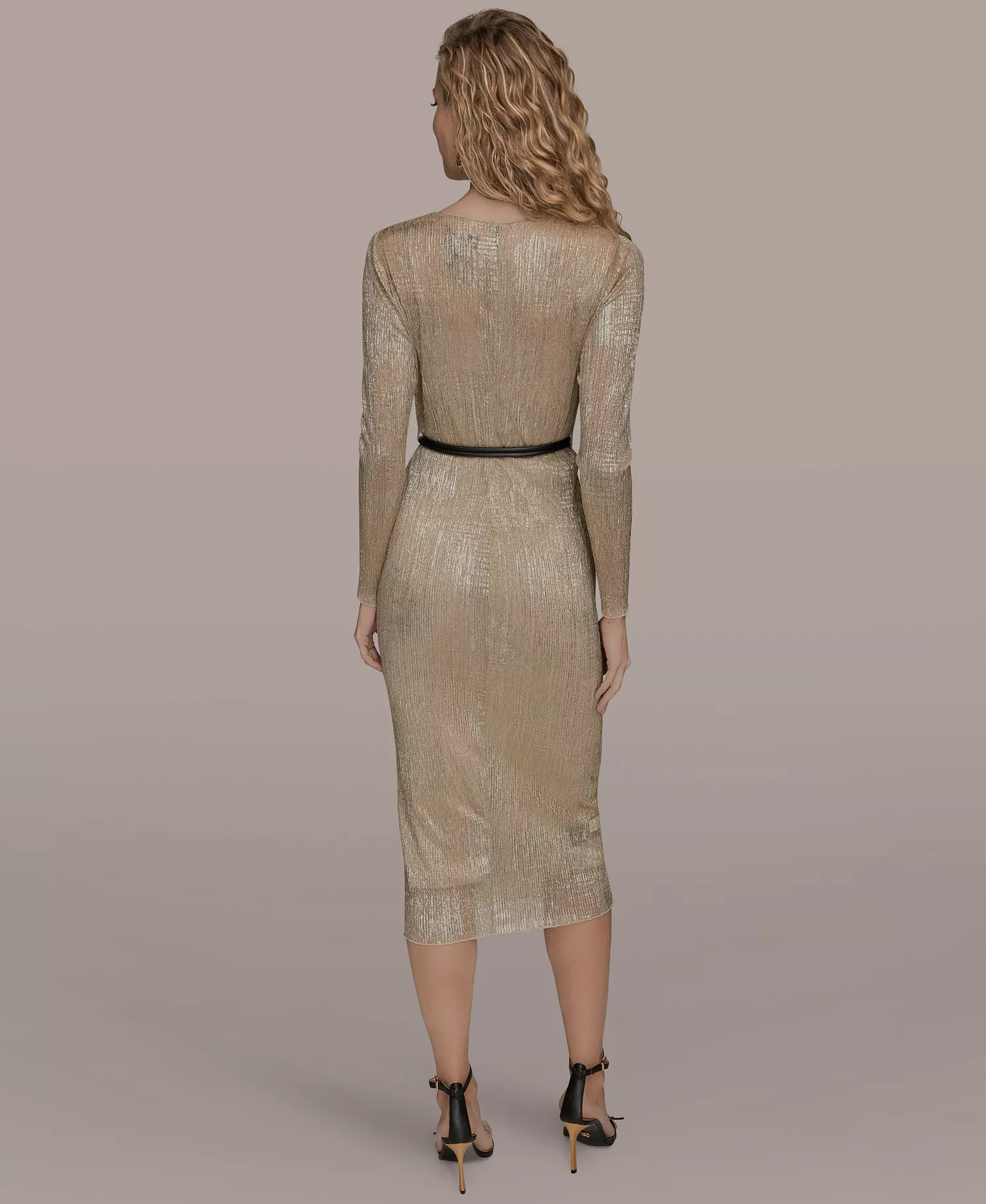 Women's Foil Mesh Belted Midi Dress - Gold - 2