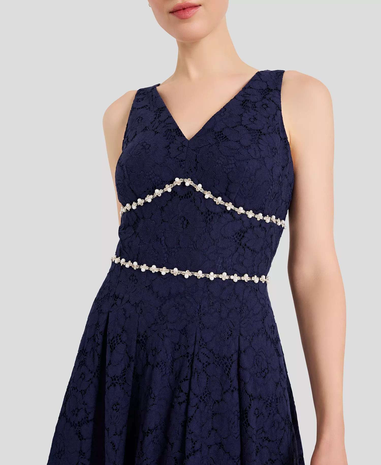 Women's V-Neck Lace Tea Length Ball Gown - Navy - 10