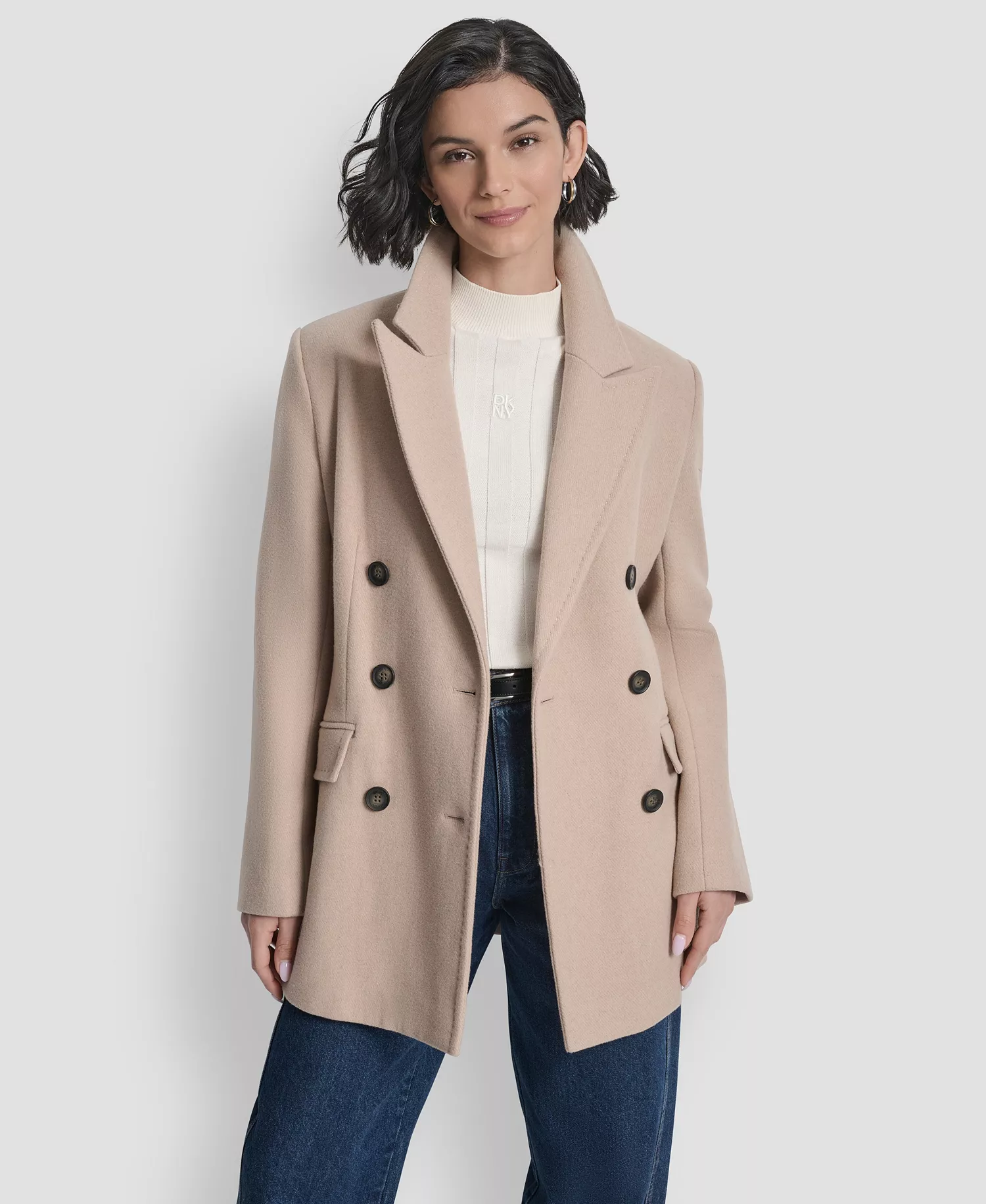 Women's Short Double-Breasted Belted Coat - Light Camel - L
