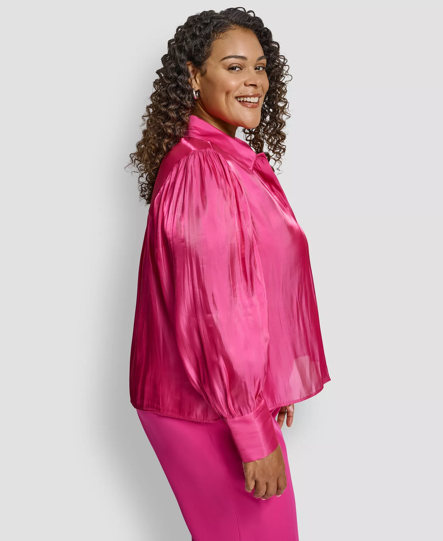 Plus Size Balloon Sleeve Collared Neck Top - Fuchsia - 1X
