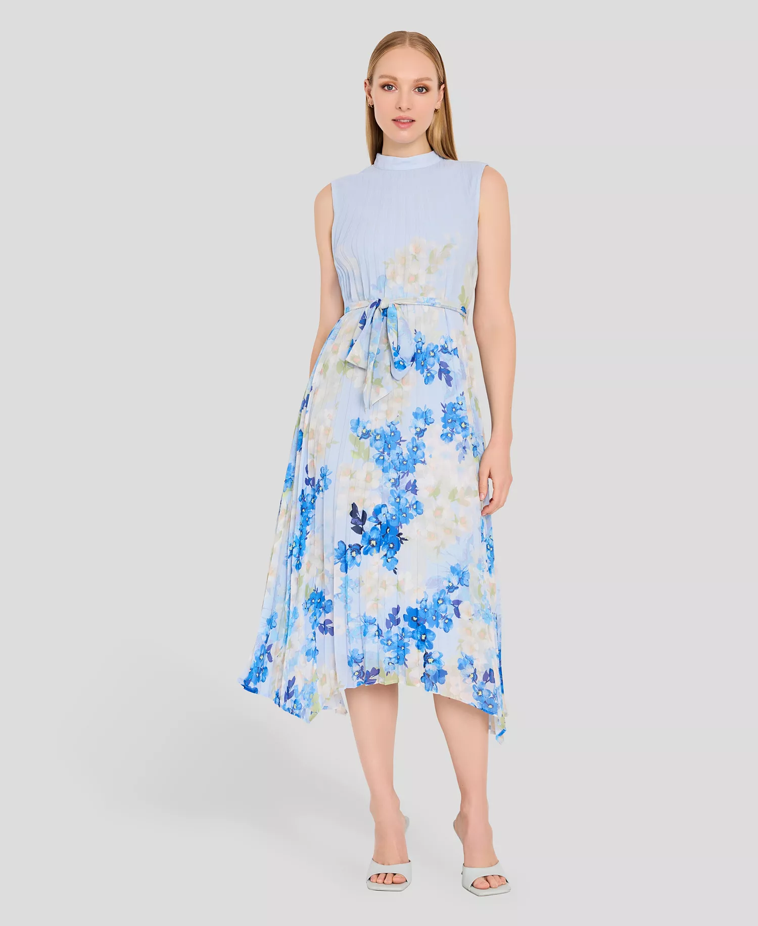 Women's Sleeveless Mock Neck Midi Dress - Ivory Blue Floral - 10