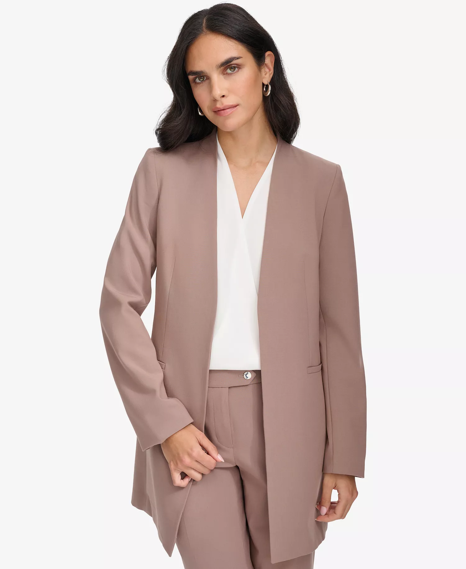 Women's Open Front Topper & Straight Leg Pants Suit Separates - Cocoa - 0