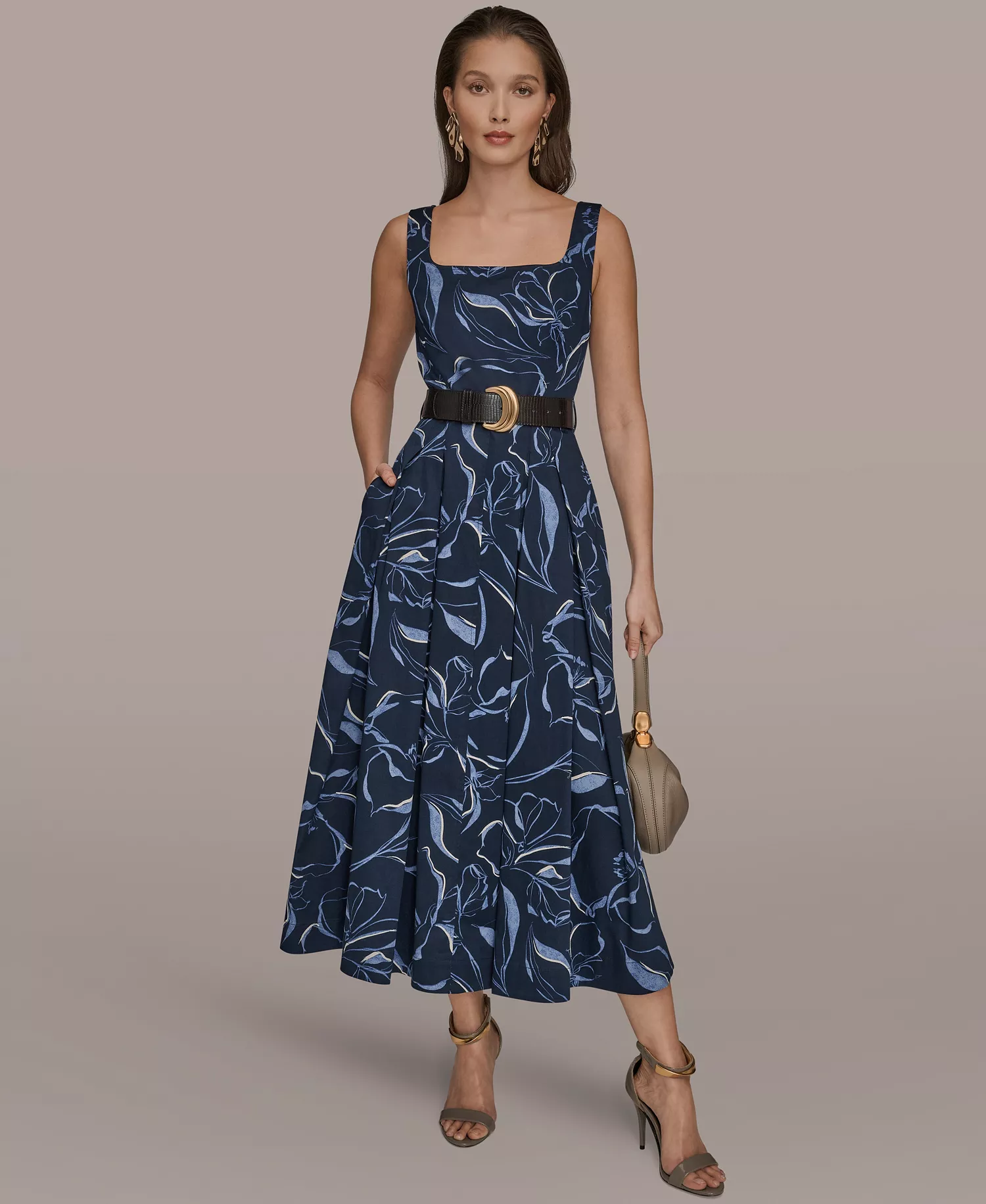 Women's Square Neck Belted A-Line Dress - Nightfall - 10