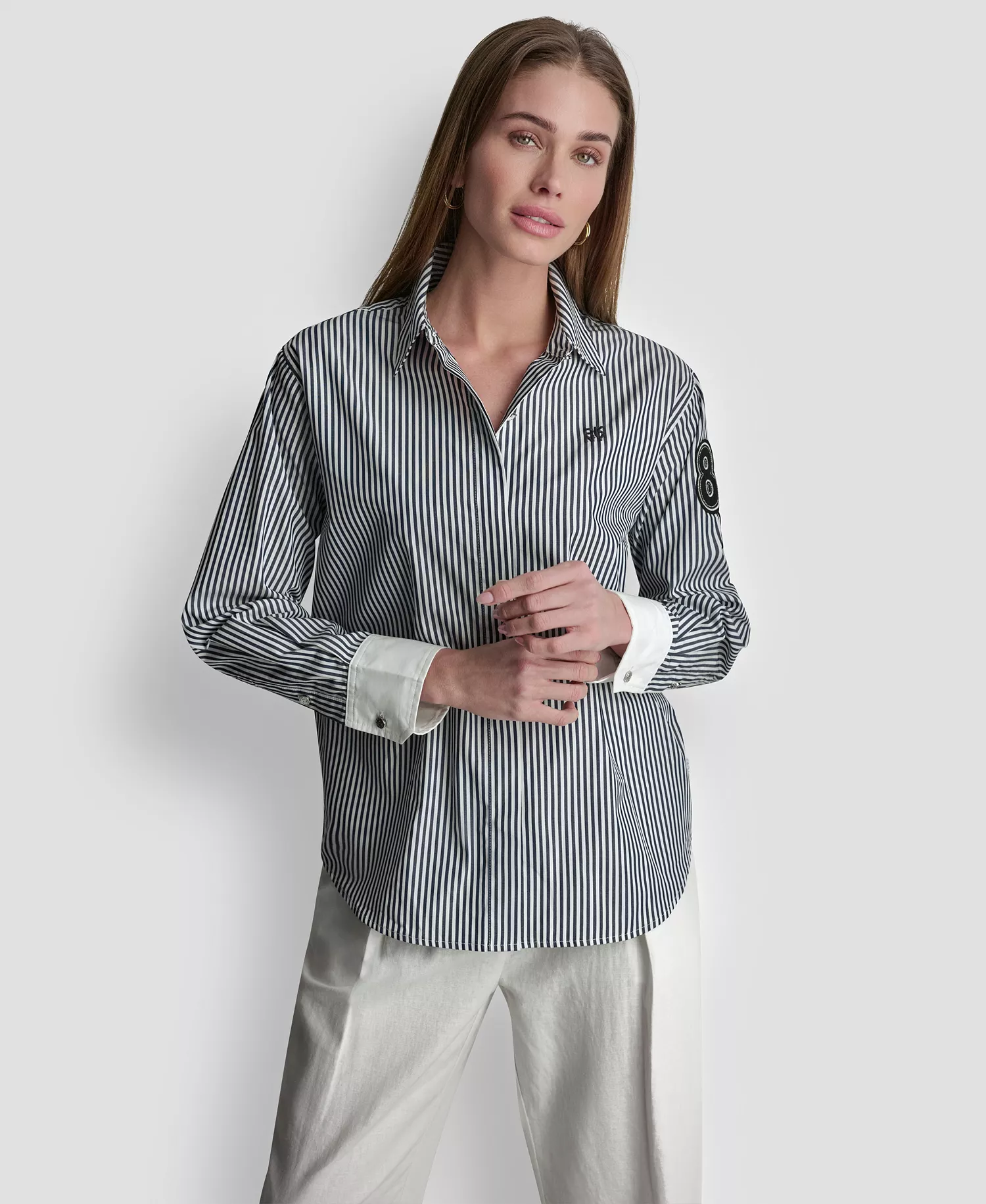 Women's Striped Button-Down Shirt - Navy/white - L