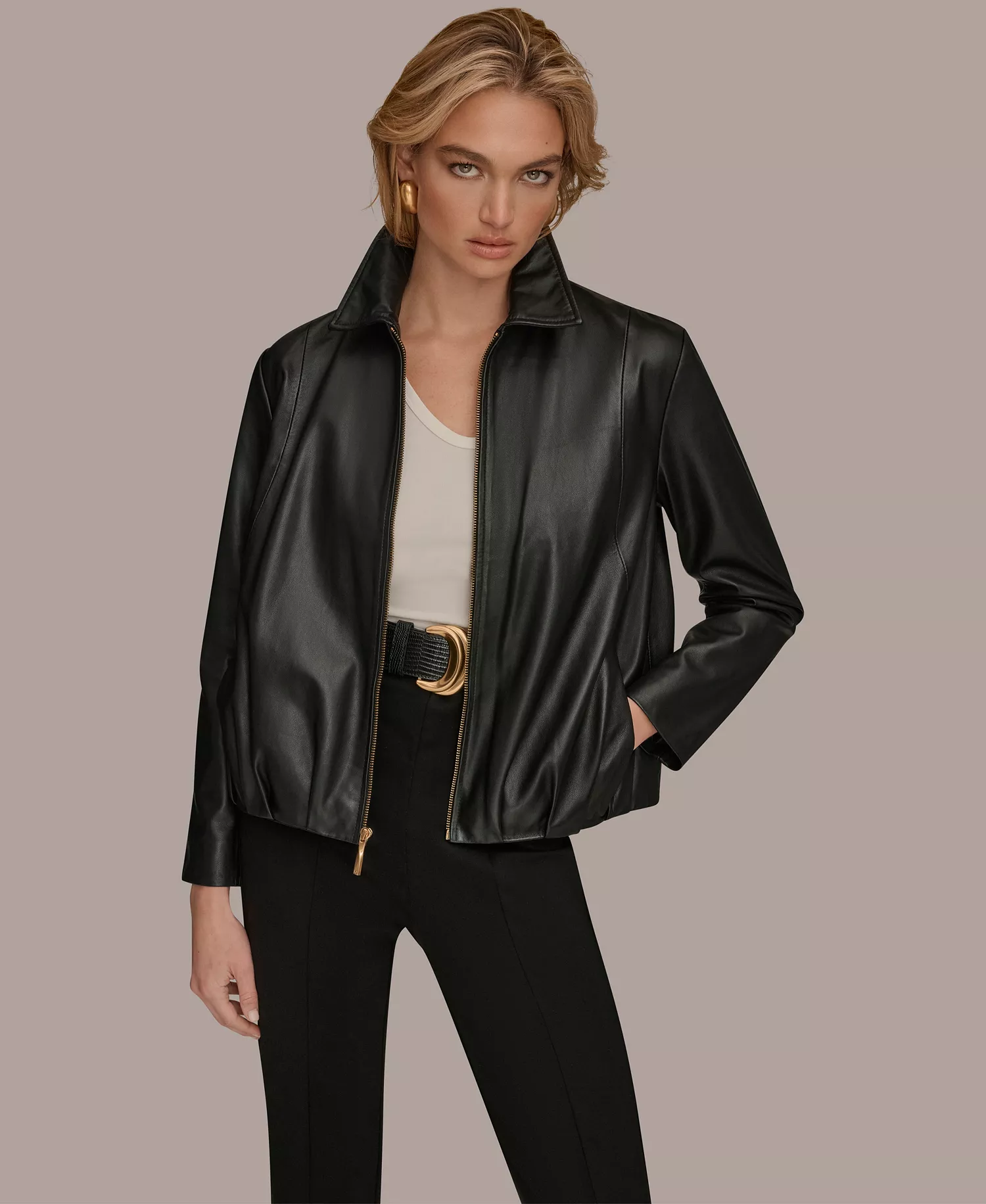Women's Leather Bomber Jacket - Black - L